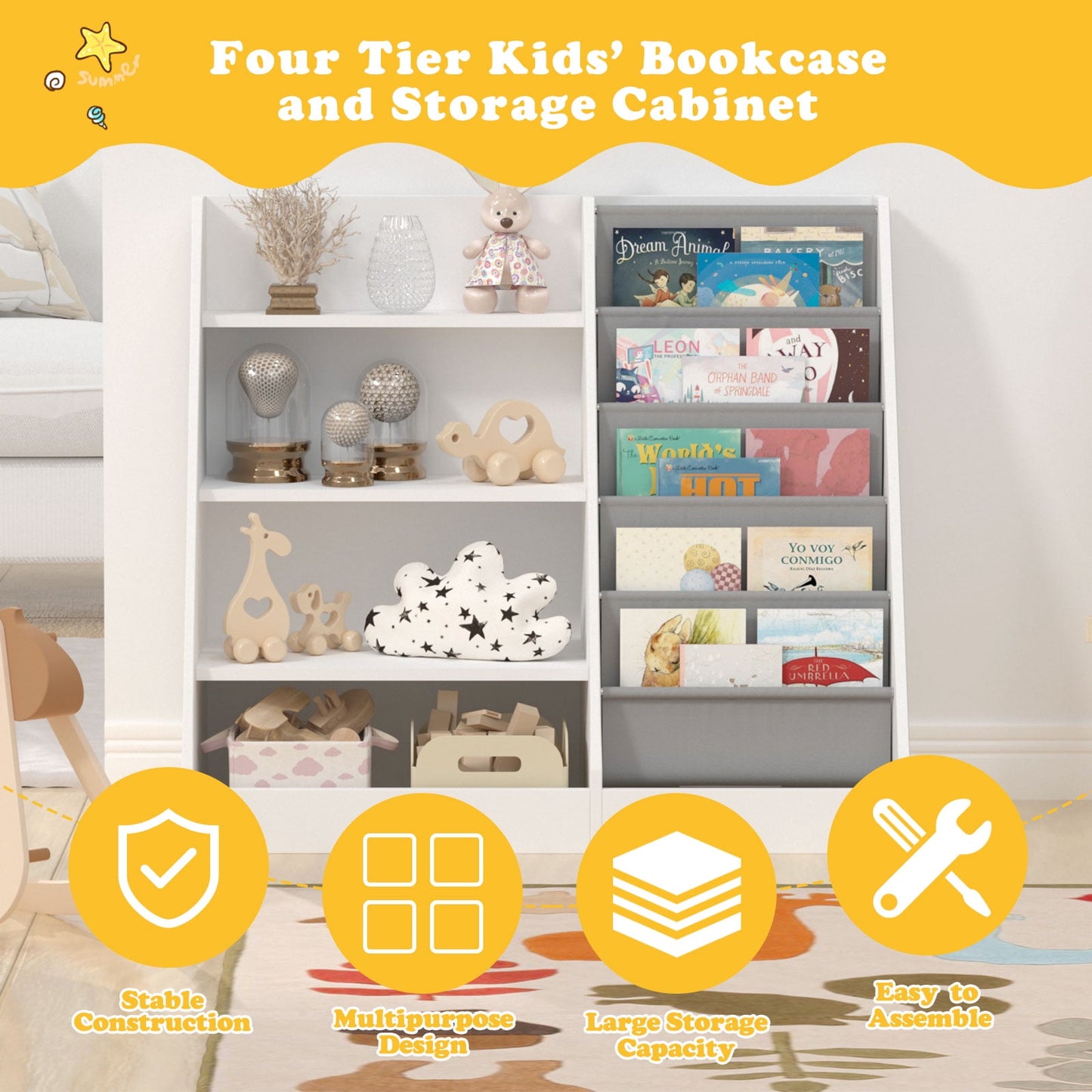 Hironpal Kids Bookshelf, 4 Tier Storage Book Rack and Five Layer Sling Bookshelf for Playroom,White