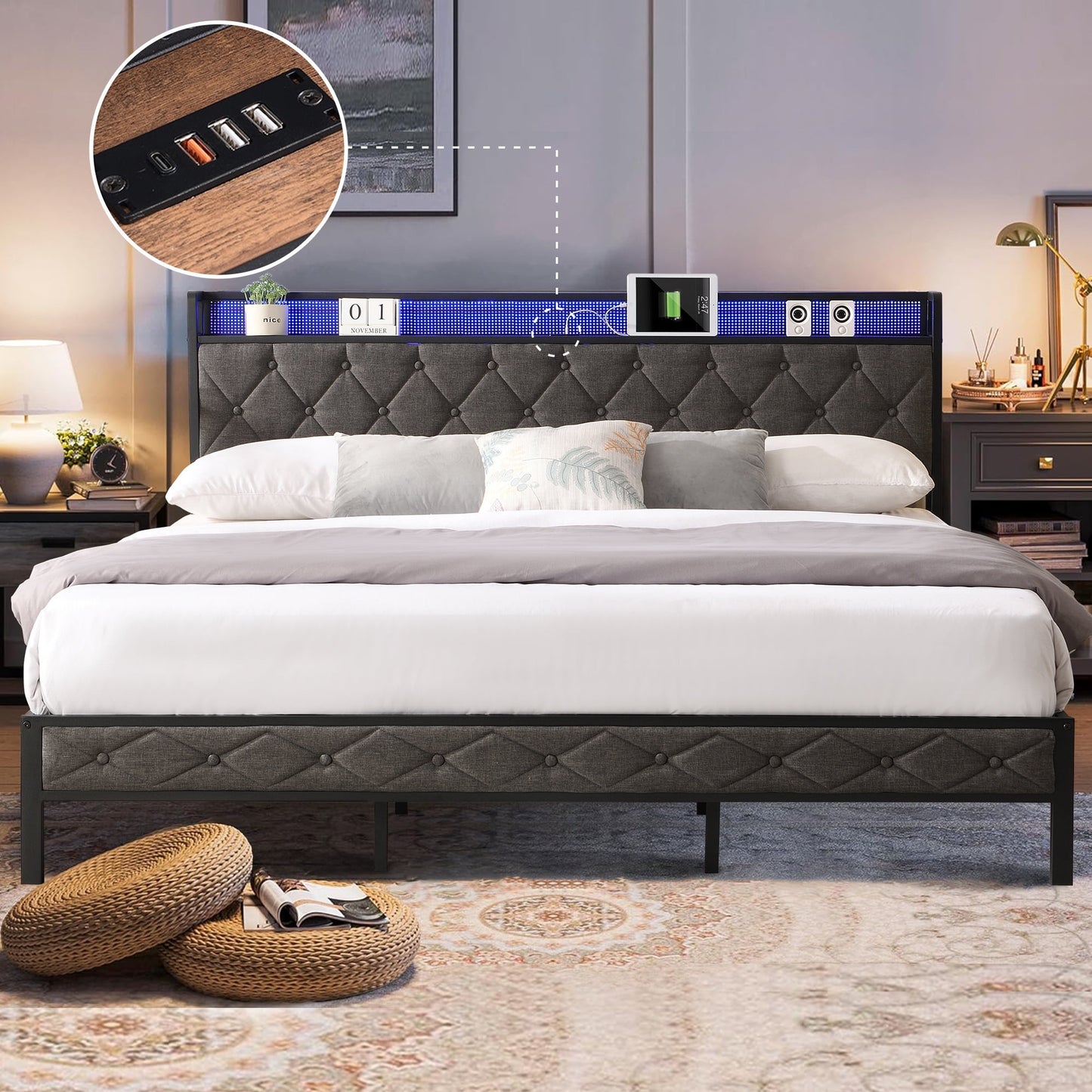 HSUNNS Bed Frame King Size with LED Lights, Metal Platform King Bed with Storage Upholstered Headboard, Bed Frame King Size with Charging Station, No Box Spring Needed, Noise Free, Dark Gray