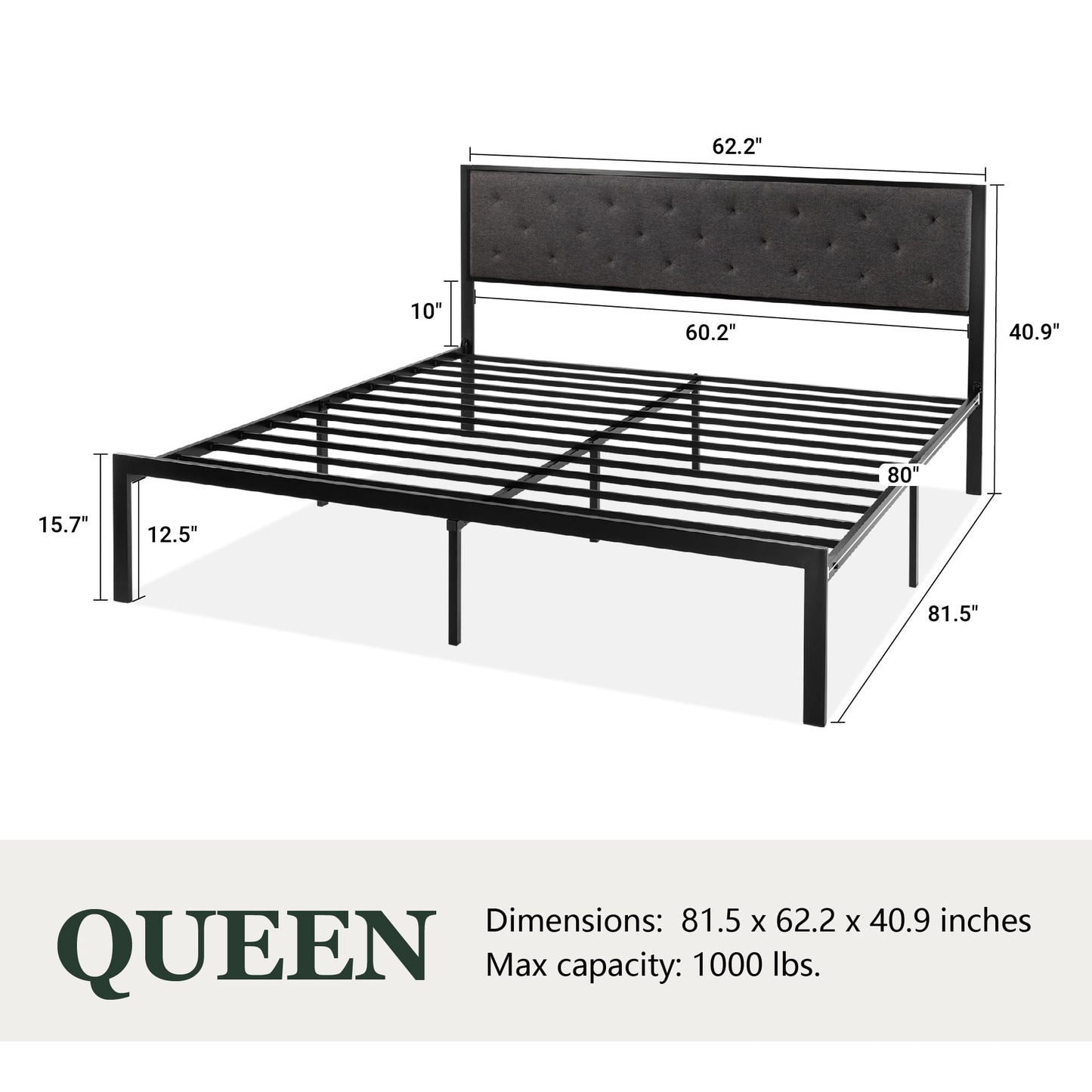 Amolife Queen Size Metal Bed Frame with Upholstered Headboard, Dark Grey