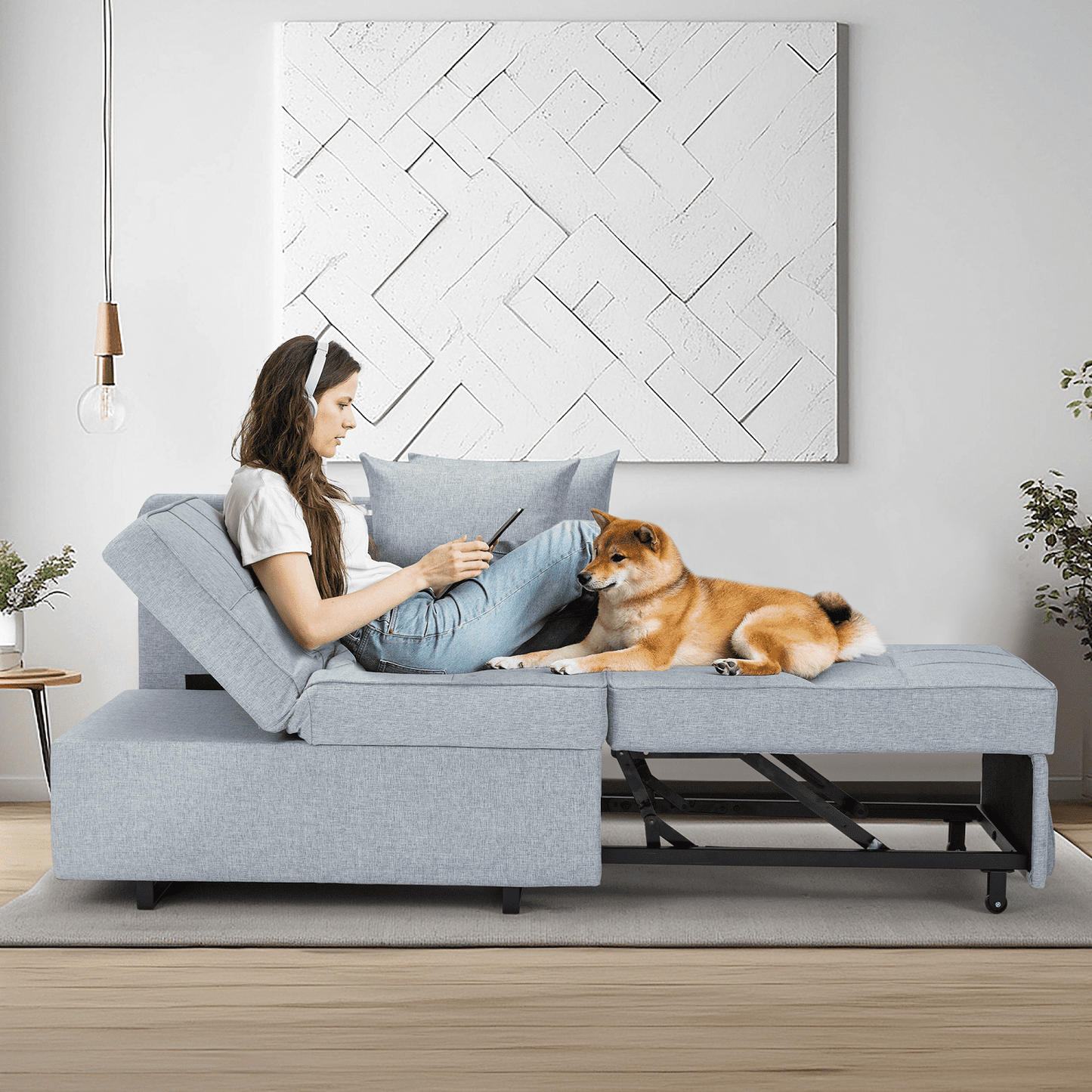 Hommow 3-in-1 Sleeper Sofa Chair Bed , 5-position Adjustable Backrest Pull Out Sofa Bed with Faux Linen Sofa Fabric, Fold Out Chair Bed for Living Rooms, Apartments, Small Rooms, Light Gray