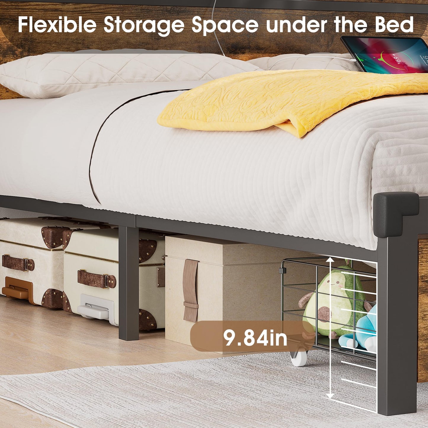 Alohappy Queen Bed Frame with LED Lights, USB Ports, Storage Headboard, Metal Platform, No Box Spring Needed