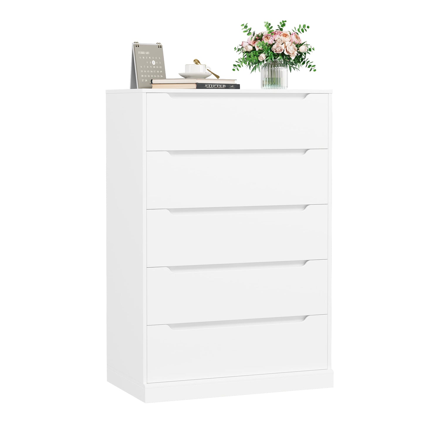 Homfa Vertical 5 Drawer Dresser, Wood Storage Cabinet with Upgraded Stable Base for Bedroom Living Room, White