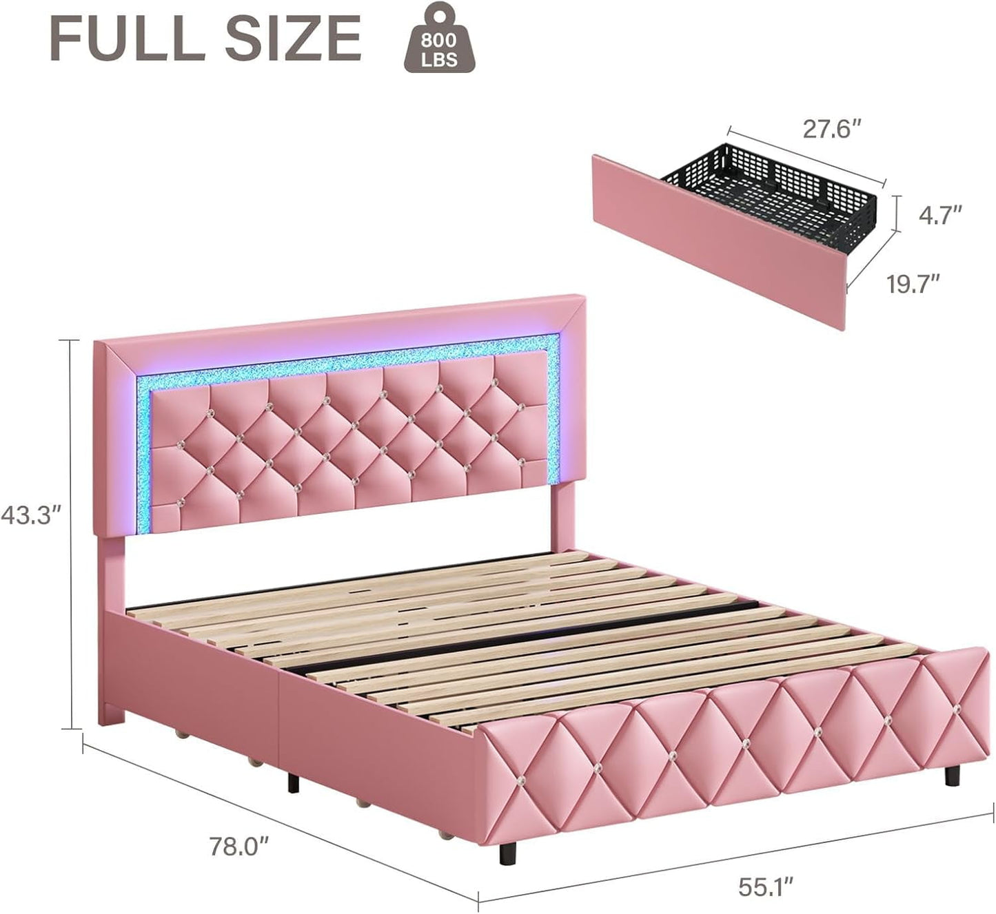 4 EVER WINNER Full Size LED Bed Frame, Pink Full Bed Frame with LED Light Headboard, 4 Storage Drawers Upholstered Platform Bed Frame, Pink