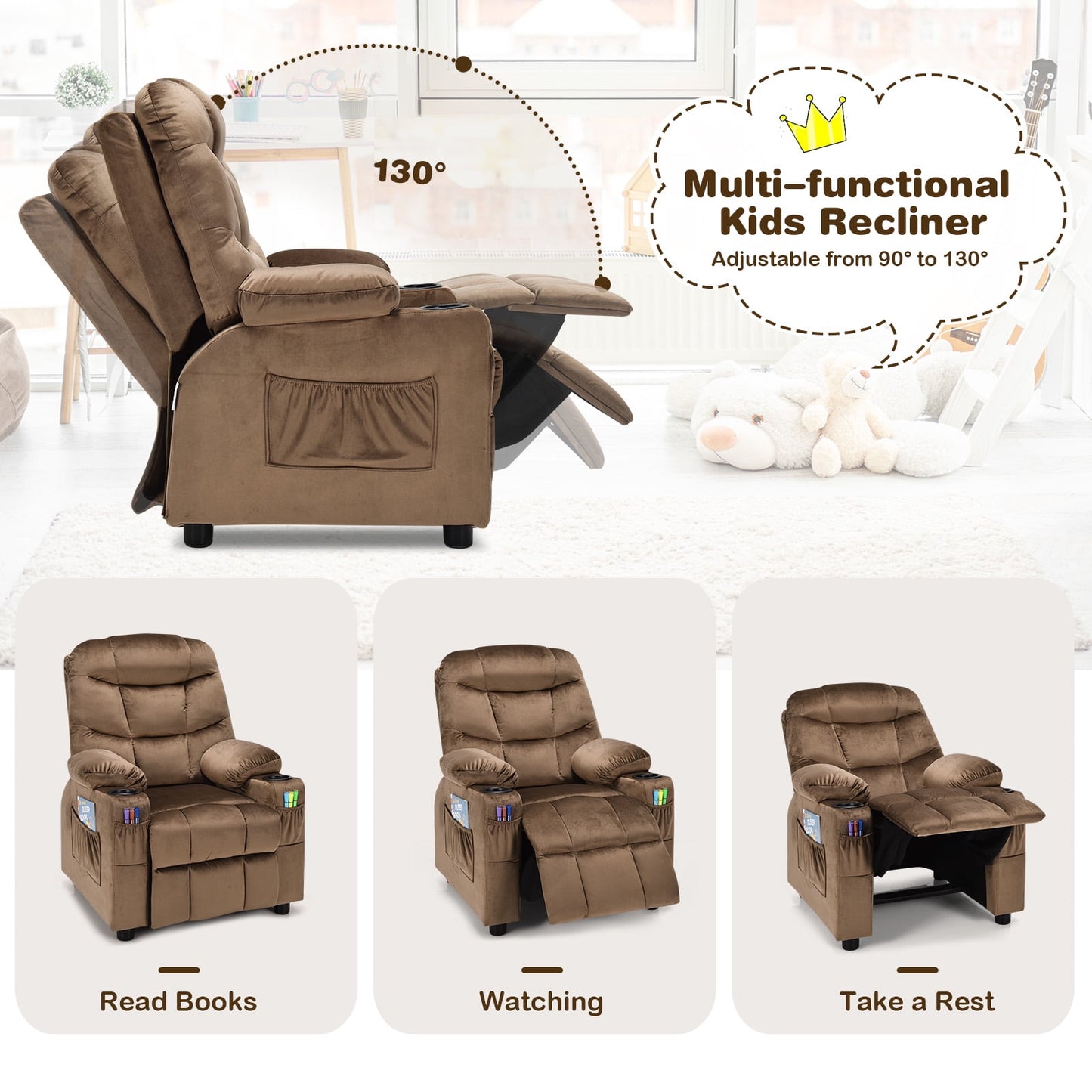 Infans Kids Youth Recliner Chair Velvet Fabric Armrest Sofa w/Cup Holder Brown