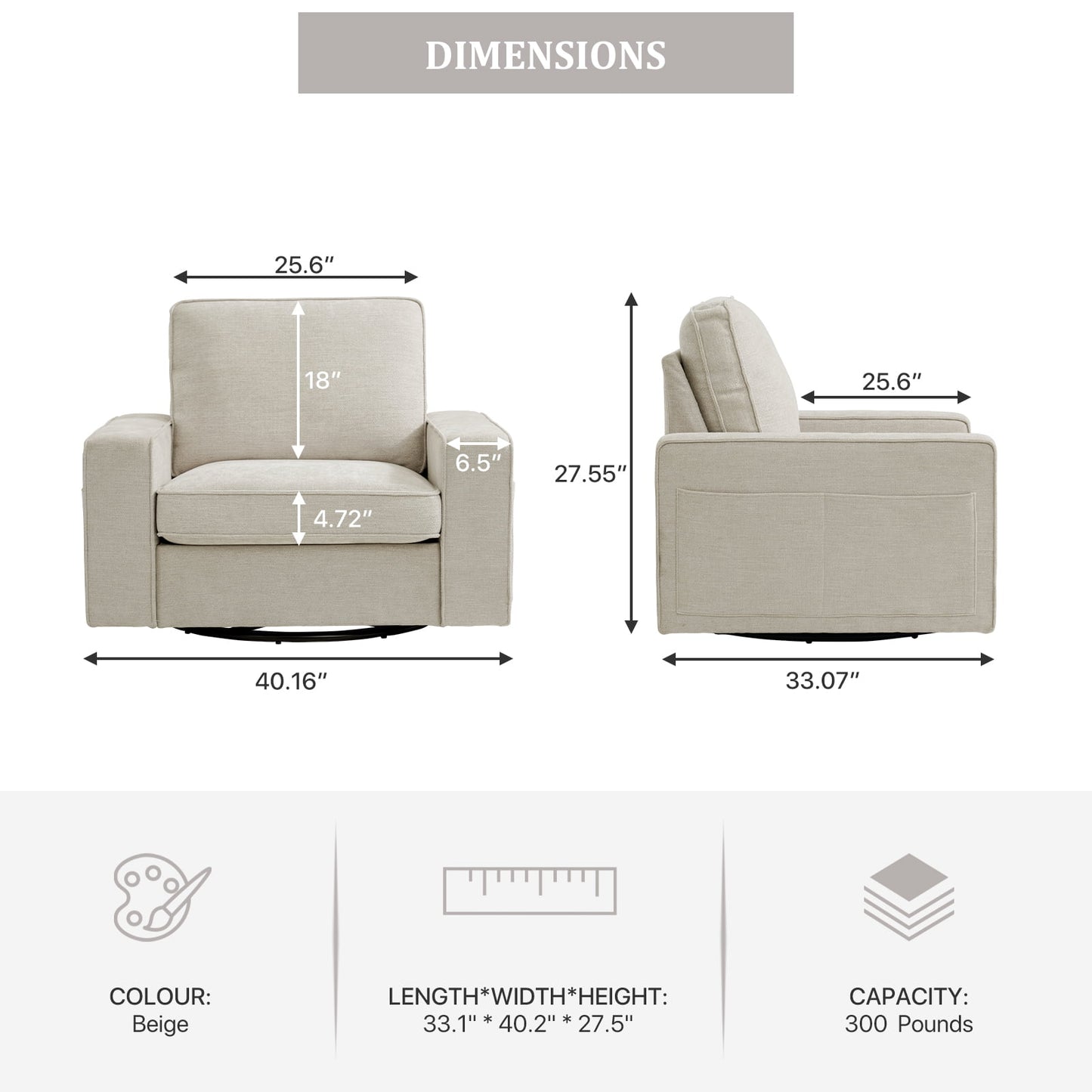 INGALIK Swivel Accent Chair, 40.2in W Oversize Chenille Accent Armchair with Storage Bag, Modern Comfortable Chair for Living Room, Bedroom, Beige