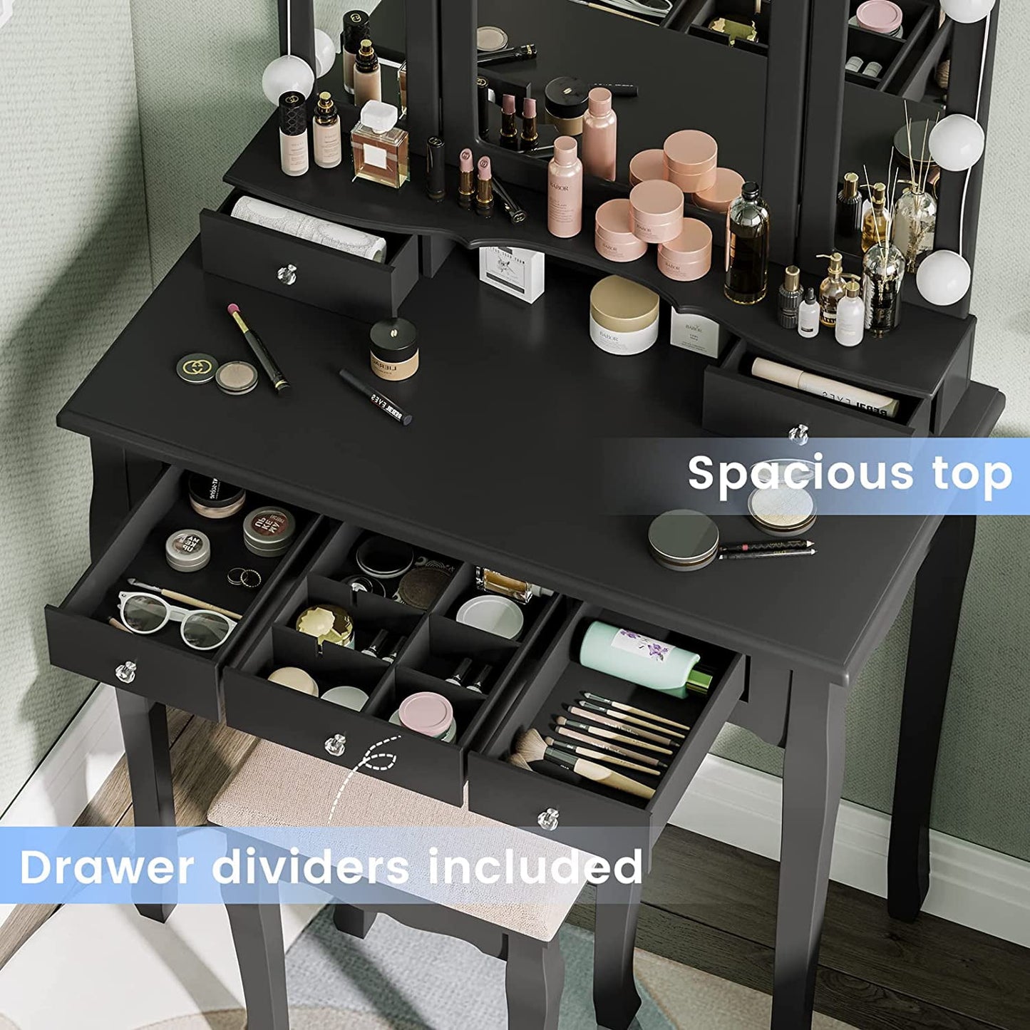 Afuhokles Makeup Vanity Table Desk Set with Lighted Tri-Fold Mirror and Stool for Bedroom, Black