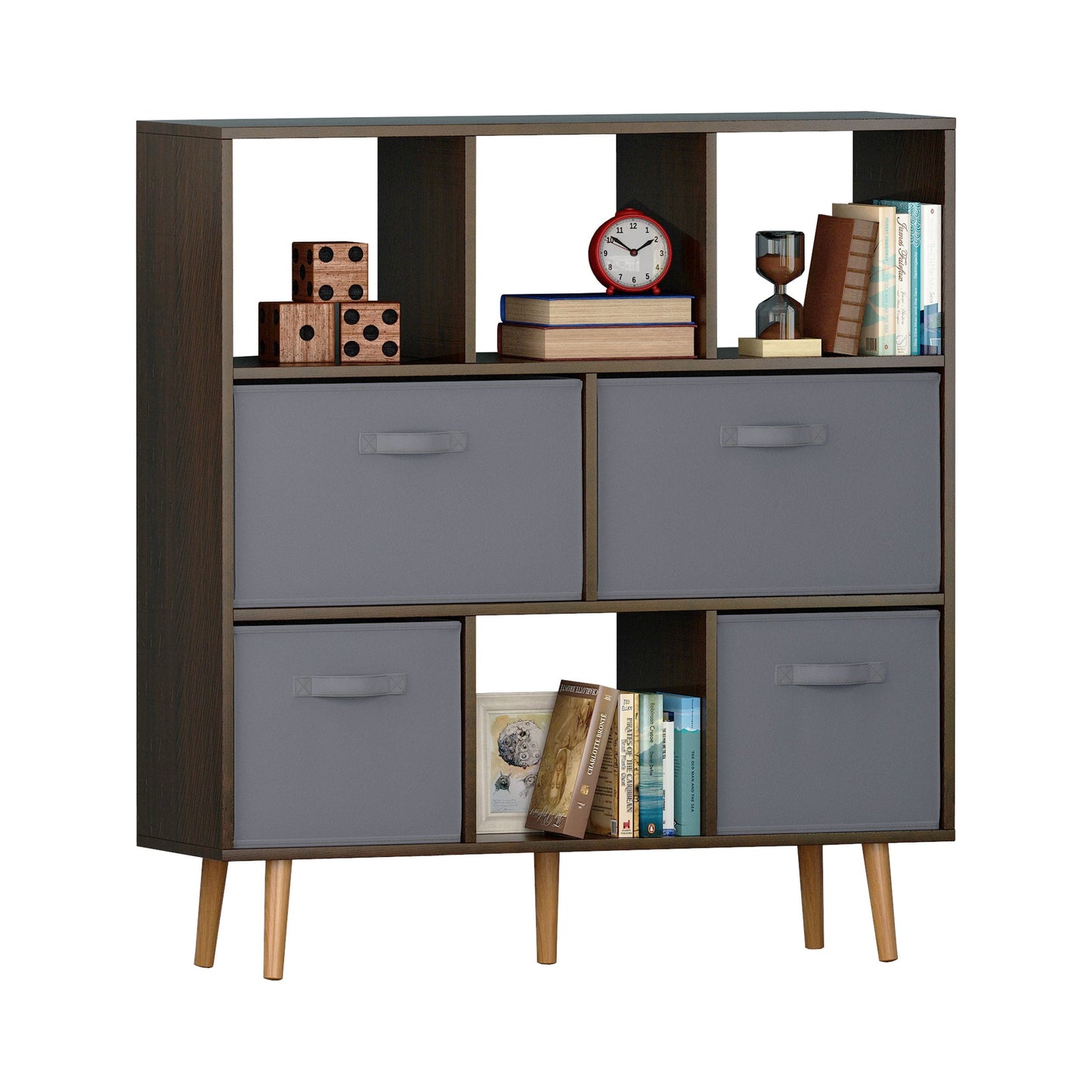 IVV Wooden Open Shelf Bookcase, Modern Minimalist Bookcase, 8 Cube Open Book Shelves Storage Organizer with 4 Fabric Drawers, Freestanding Display Bookcases for Small Space (Brown)