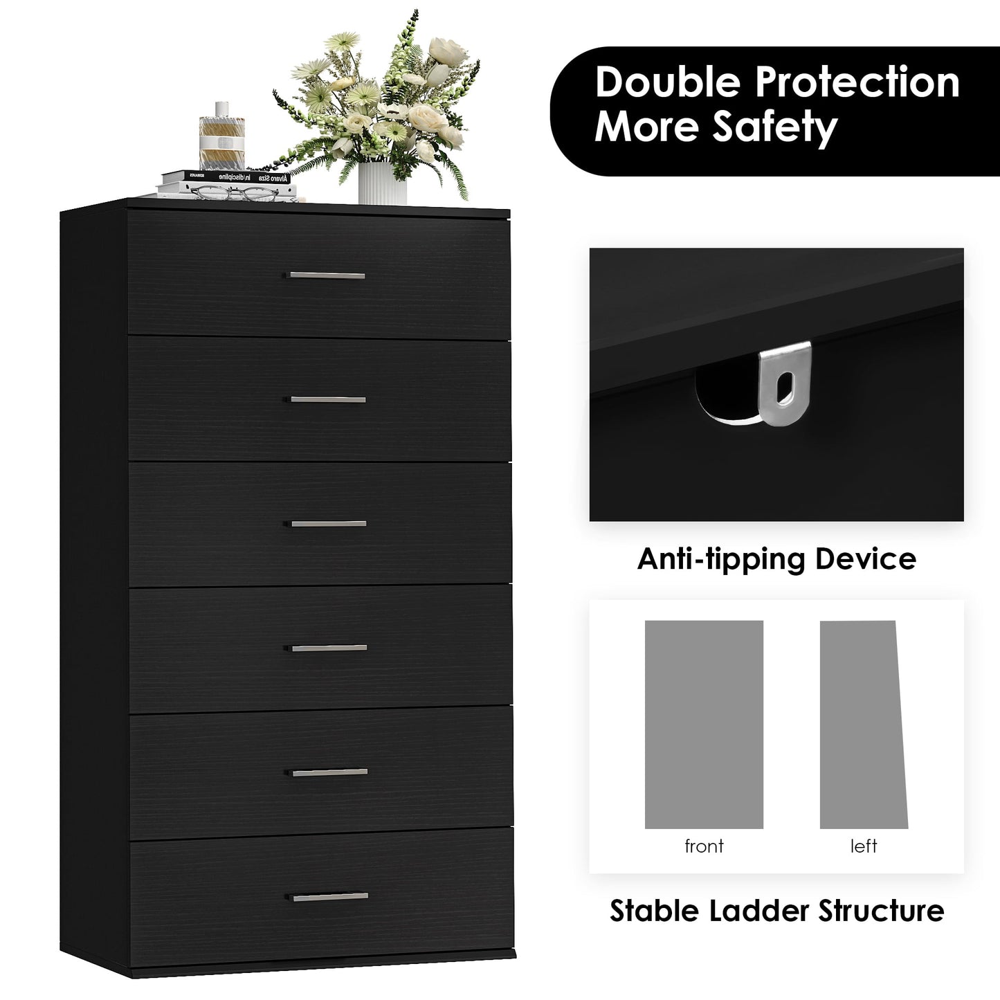 Homfa 6 Drawer Vertical Wood Dresser, Modern Tall Storage Cabinet for Bedroom and Living Room, Black