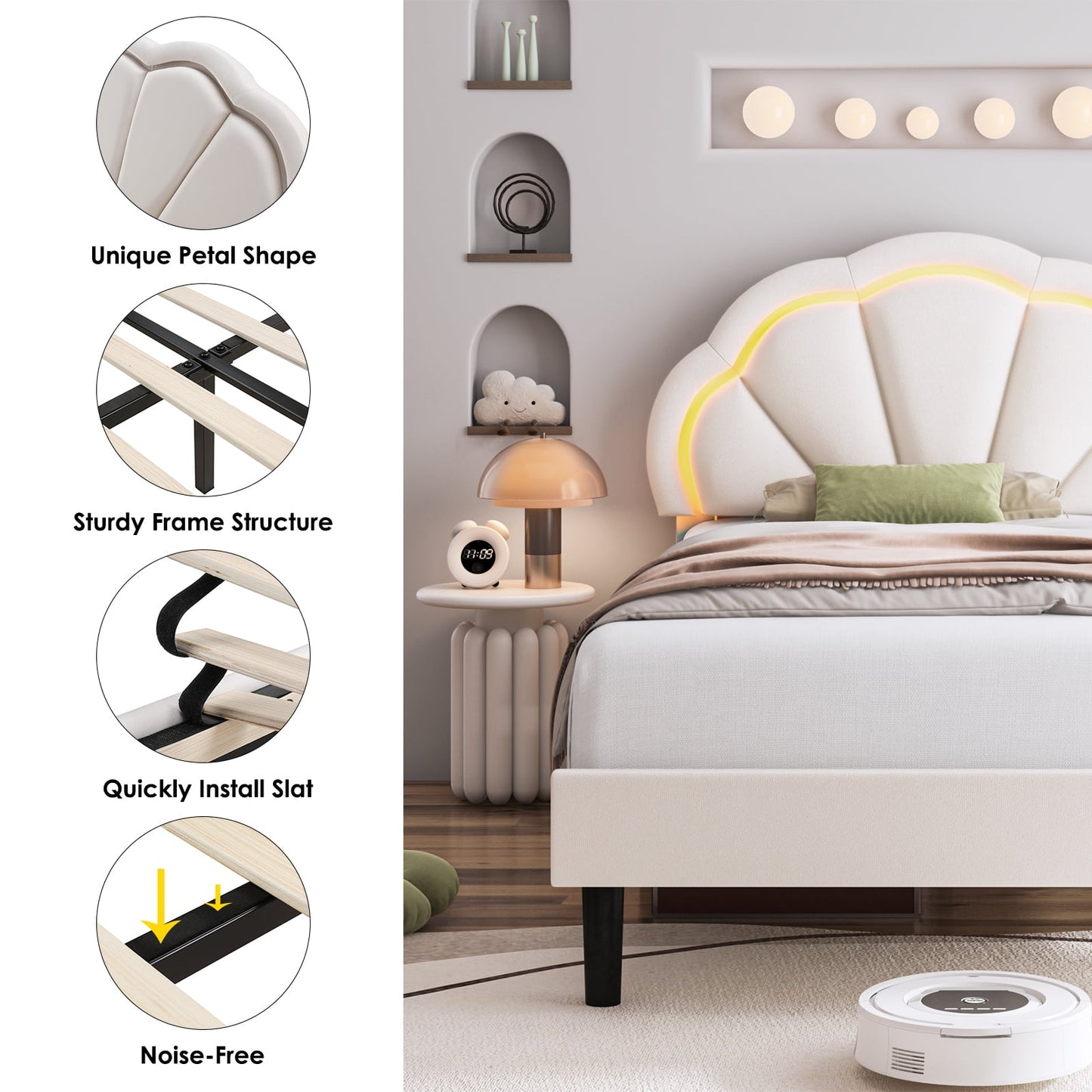 Homfa Modern Twin Size Velvet LED Bed Frame with Adjustable Headboard, Off-White