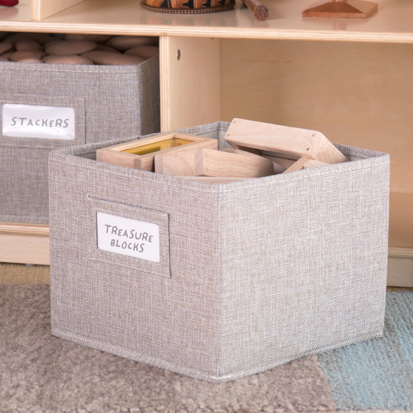 Guidecraft EdQ 2-Shelf 5-Compartment Storage 24in - Natural: Kids' Wooden Bedroom and Playroom Toy and Book Organizer with Fabric Bins