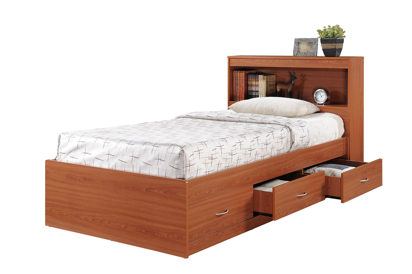 Hodedah Twin-Size Captain Bed with 3-Drawers and Headboard in Cherry