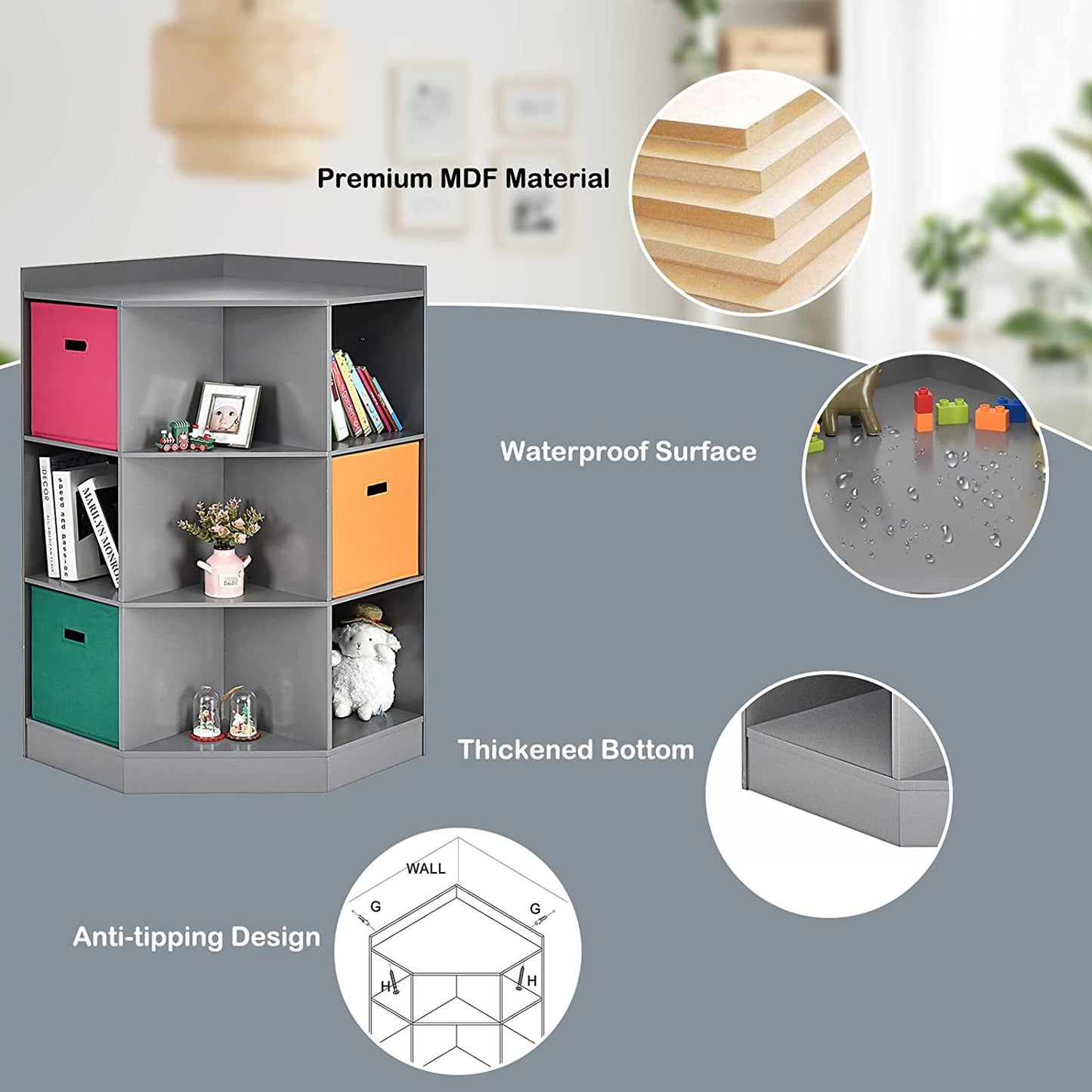 HOMEZY 9-Cubby Kids Bookcase with Extra Large Storage Baskets, Multi-Bin Children's Organizer Shelf with 6 Cubes and 3 Shelves, Wooden Storage Sideboard Suitable for Playroom, Decor Room (Gray)