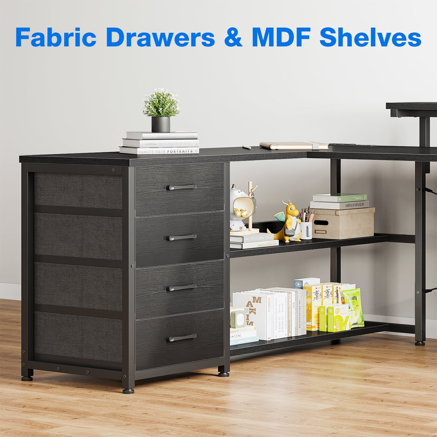 61 inch L Shaped Gaming Desk with LED Lights & Power Outlets, Corner Desk with Drawers, Computer Desk with Adjustable Heights Monitor Stand, Gaming Table with Hooks, Black