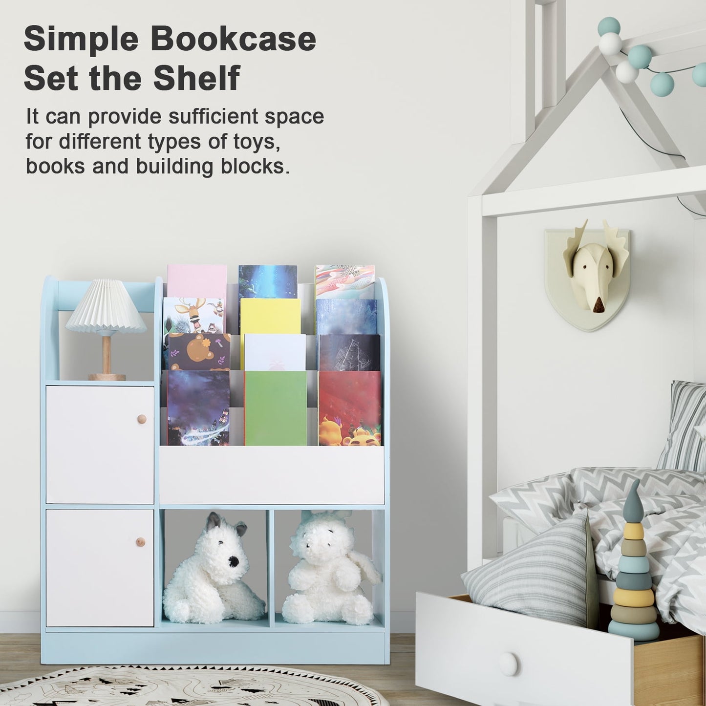 HomeLife Large Storage Capacity Bookshelf Picture Book Shelf with 4-Tier Book Slots, 3 Open Shelves, 2 Drawers Toy Storage Organizer for Kids Bedroom 35.4in x 11.8in x 39.4in Storage Rack Bookcase