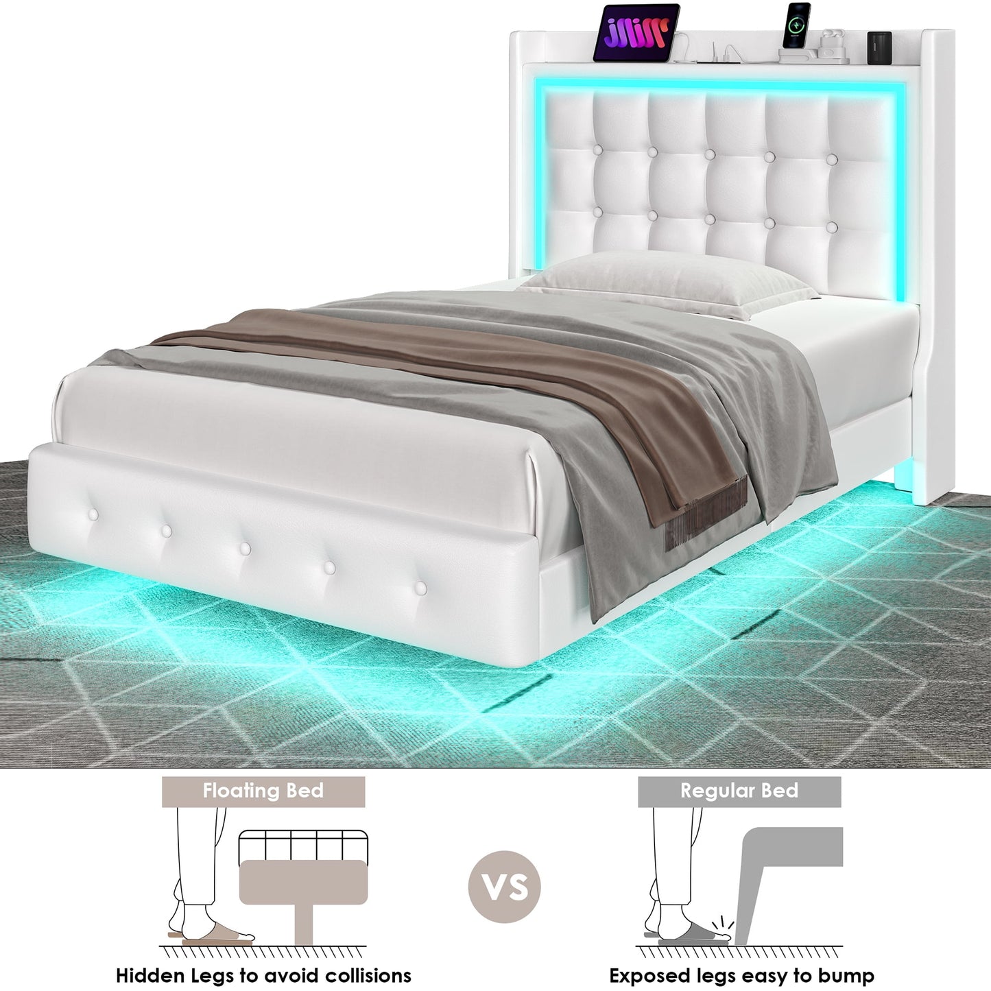 Homfa Twin Size Floating Bed with LED Lights & Charging Station, Modern PU Upholstered Platform Bed Frame Bed with Storage Headboard, White