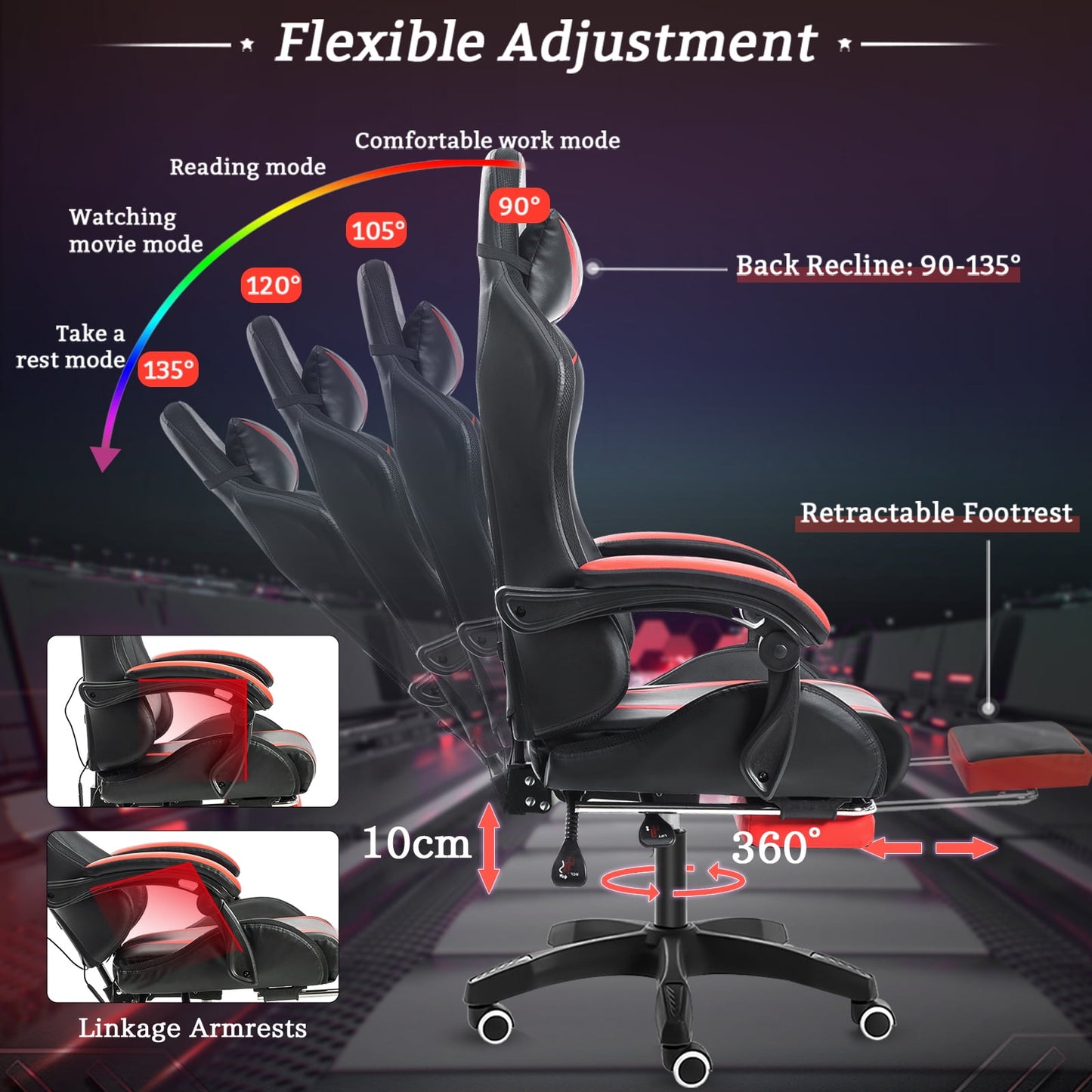 HOFFREE Gaming Chair with Massage and LED RGB Lights Ergonomic Computer Chair with Footrest High Back Video Game Chair with Adjustable Lumbar Support Linkage Armrest for Home Office