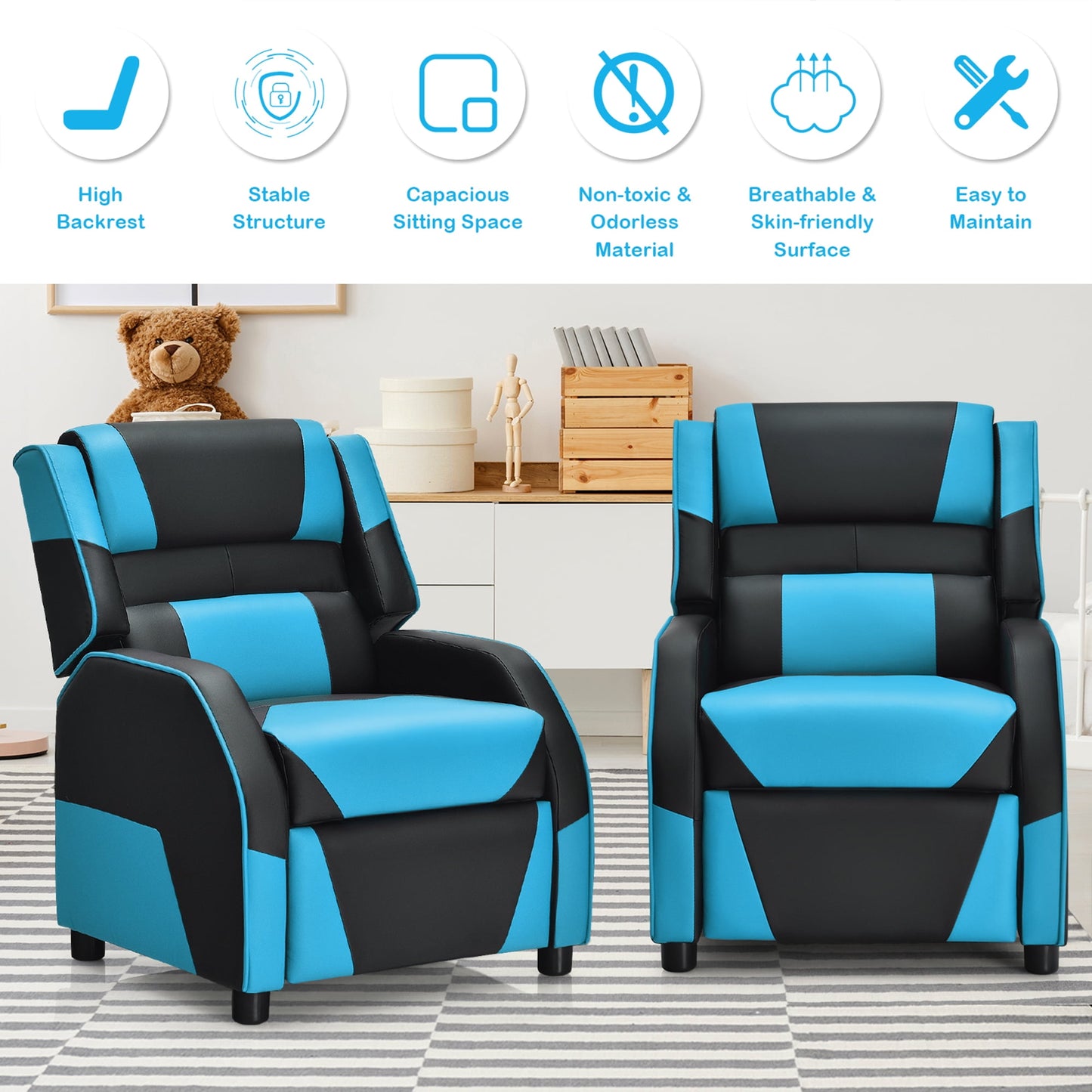 Gymax Gaming Recliner Sofa PU Leather Armchair for Kids Youth w/ Footrest Blue
