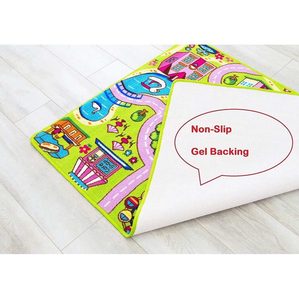 HR City Map Kids Car Road Rug - Non-Slip Play Mat for Classroom and Baby Room Pink, Green 5' x 7'