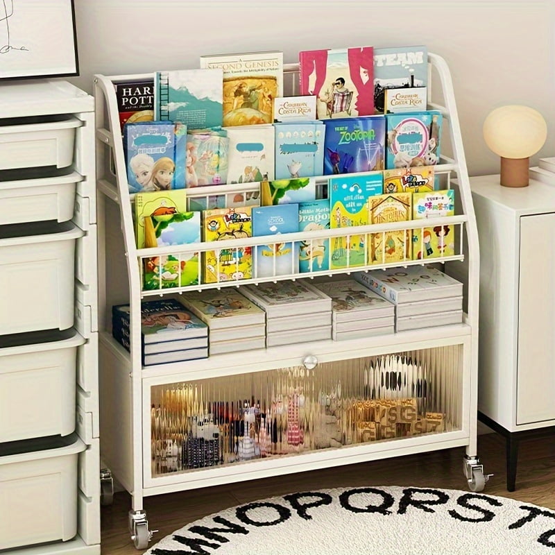 4 Tier Kids Wooden Bookshelf, Five Layer Sling Bookcase, Baby Storage Book Rack, Book and Toy Organizer Cabinet, Book Display, for Playroom, Bedroom, Toddler Room, Nursery,Classroom