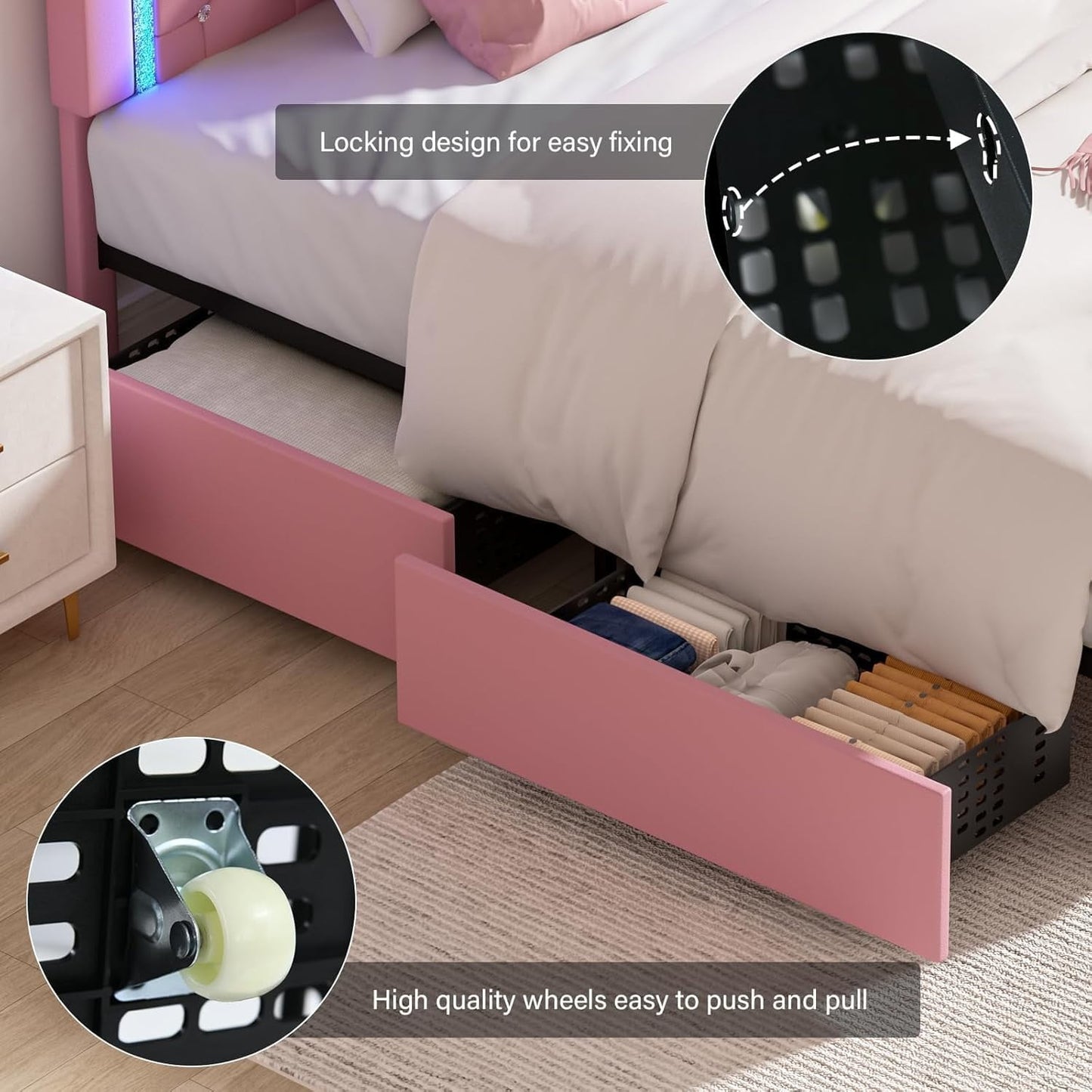 4 EVER WINNER Twin Size LED Bed Frame, Pink Twin Bed Frame with LED Light Headboard, 2 Storage Drawers Upholstered Platform Bed Frame, Pink