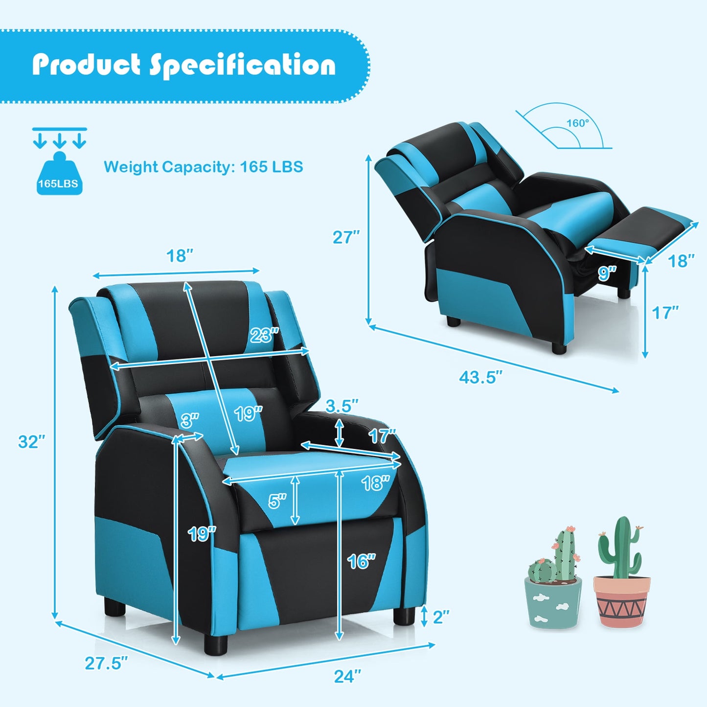 Gymax Gaming Recliner Sofa PU Leather Armchair for Kids Youth w/ Footrest Blue
