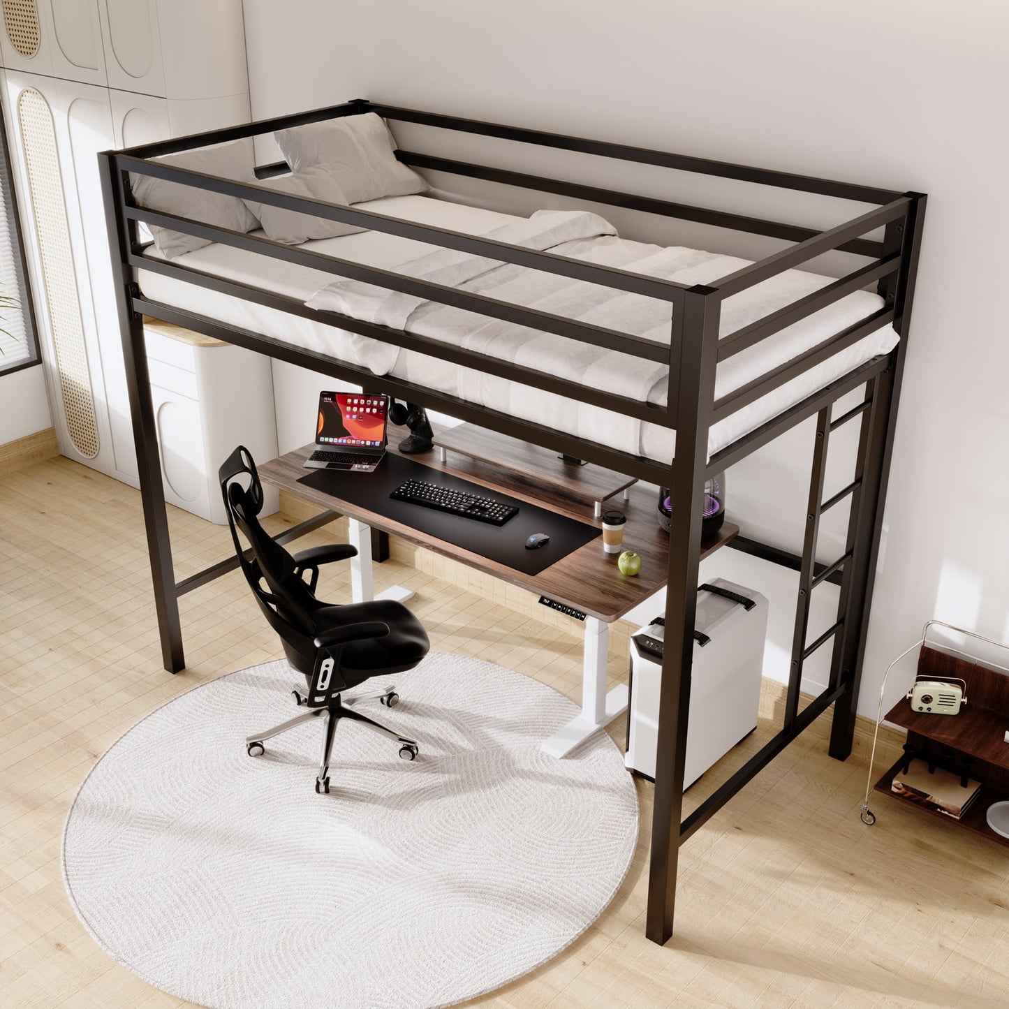 Sifurni Black Heavy Duty Twin Size Metal Loft Bed with Full-Length Guardrail & Removable Stairs