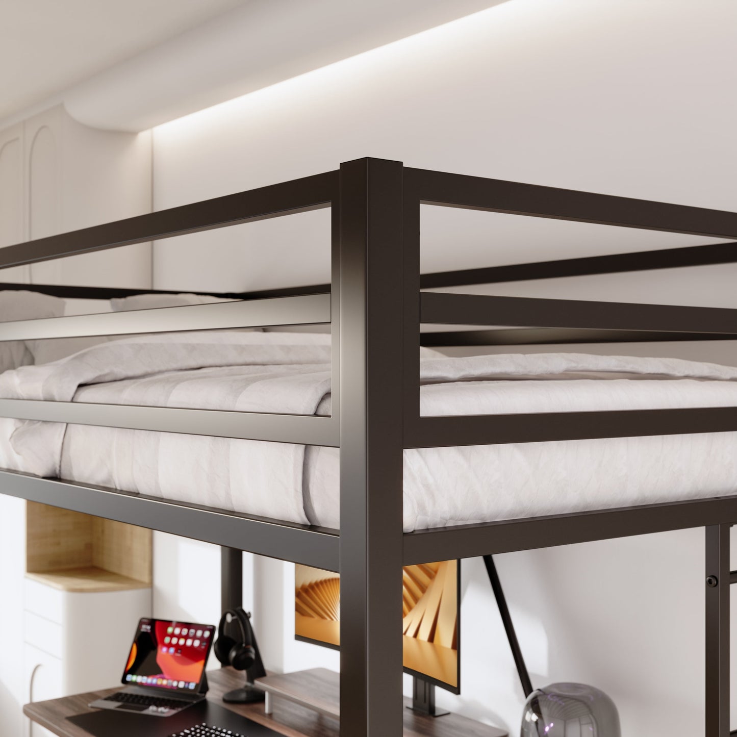 Sifurni Black Heavy Duty Twin Size Metal Loft Bed with Full-Length Guardrail & Removable Stairs