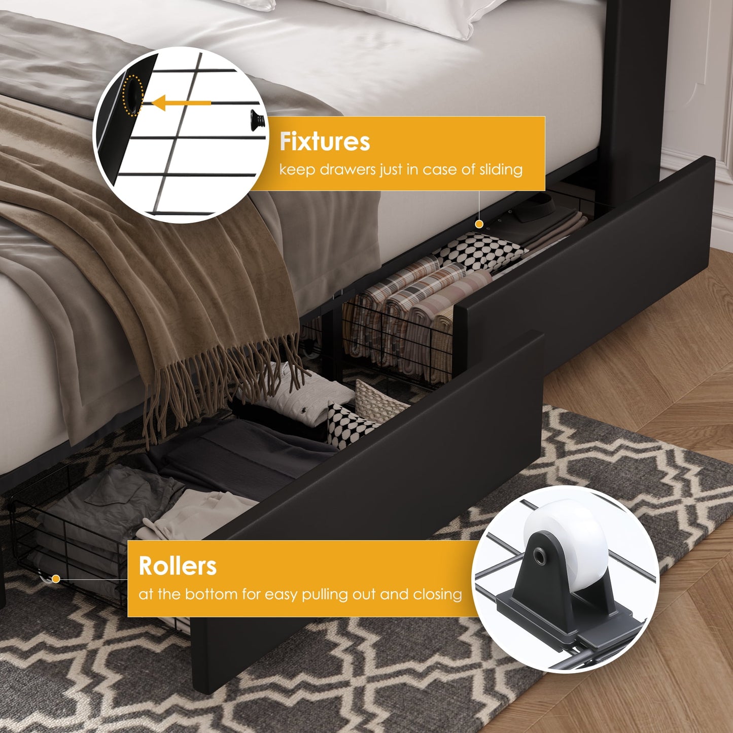 Homfa Queen Size LED Bed Frame with 4 Storage Drawers, Modern Wingback PU Leather Crystal Button Upholstered Platform Bed Frame with Outlets and USB Ports & Display Platform, Black