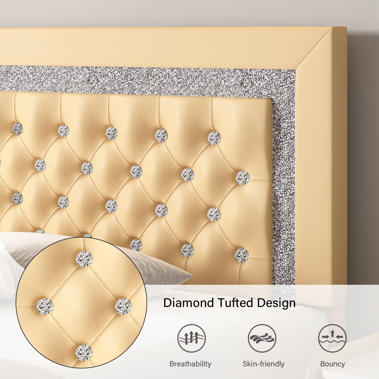 4 EVER WINNER King Size Bed Frame, Upholstered Platform Bed Frame with Headboard,Yellow