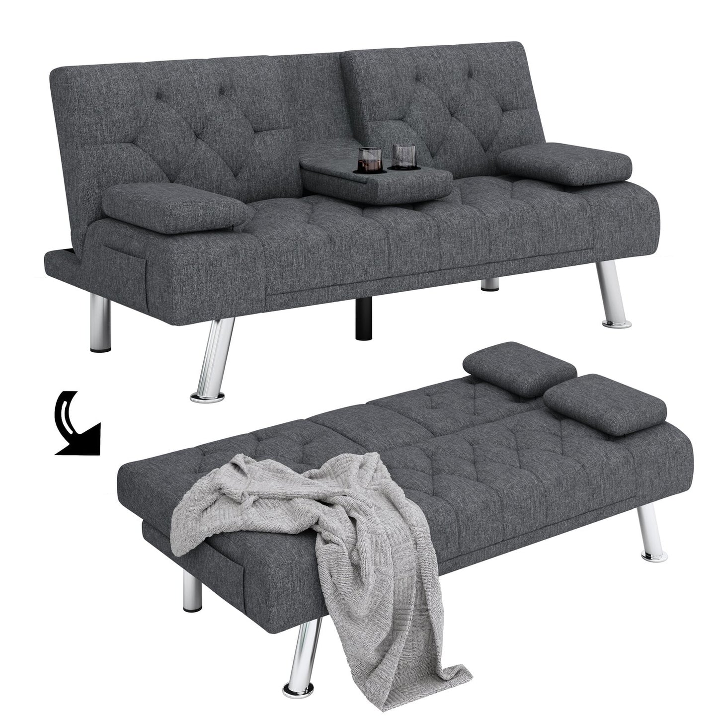 Homfa Upholstered Sofa Bed Couch, Convertible Futon Sleeper Sofa with Removable Armrests, Dark Gray