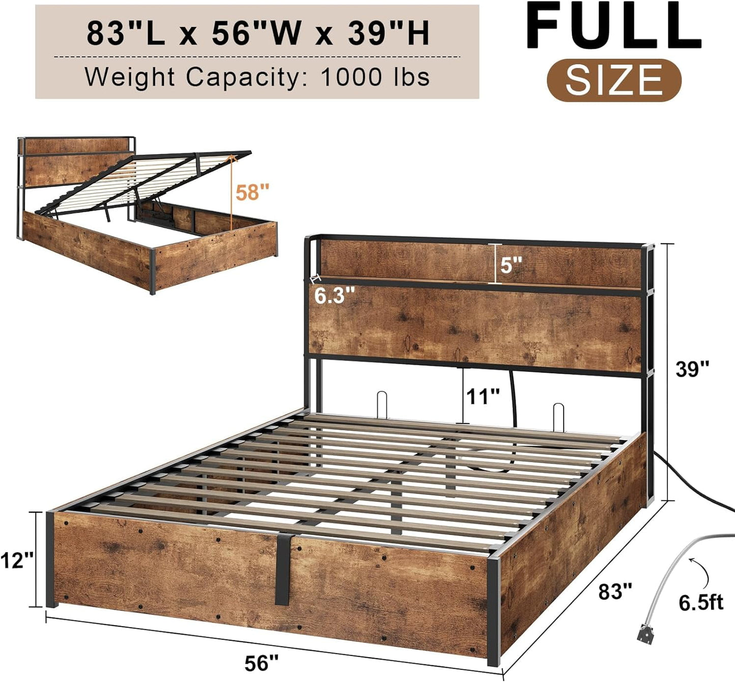 AMERLIFE Full Size Lift Up Storage Bed Frame, Wooden Platform Bed Frame with Lifting Storage & Charging Station, No Spring Box Needed/Noise Free, Rustic Brown