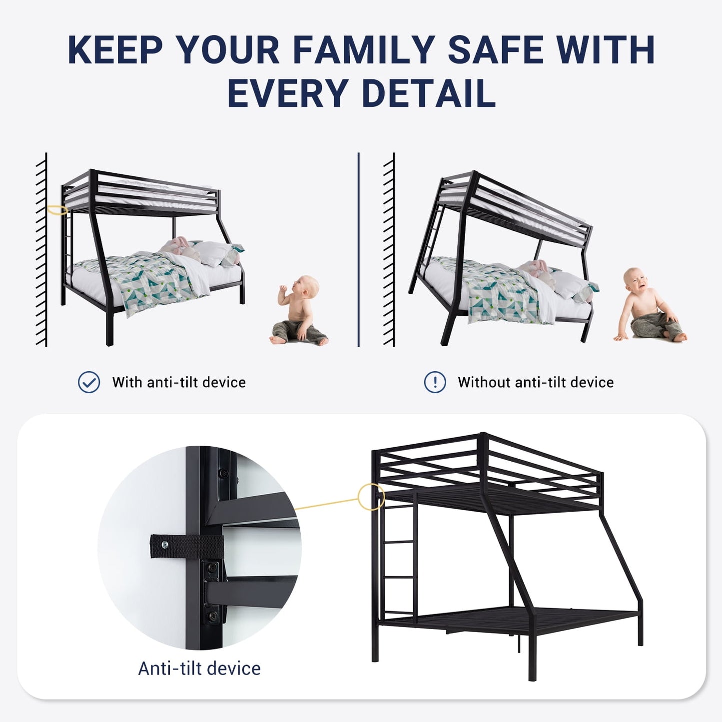 Sifurni Twin Over Full Metal Bunk Bed with Removable Stairs & Full-Length Guardrail, Black