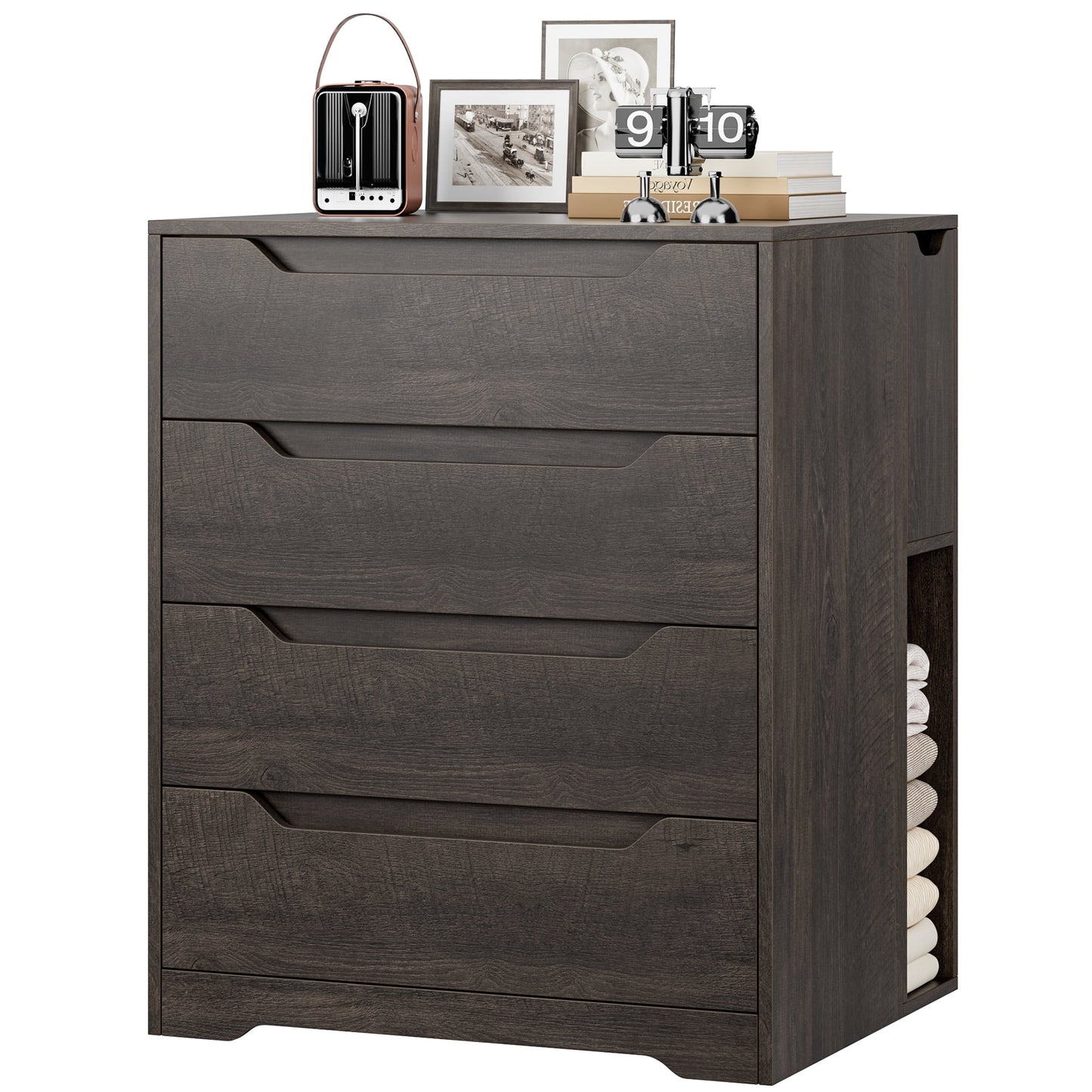 Homfa Dresser of 4 Drawers with Flip Top, Compact Nightstand Dresser Chest with Side Storage for Bedroom Living Room, Dark Brown