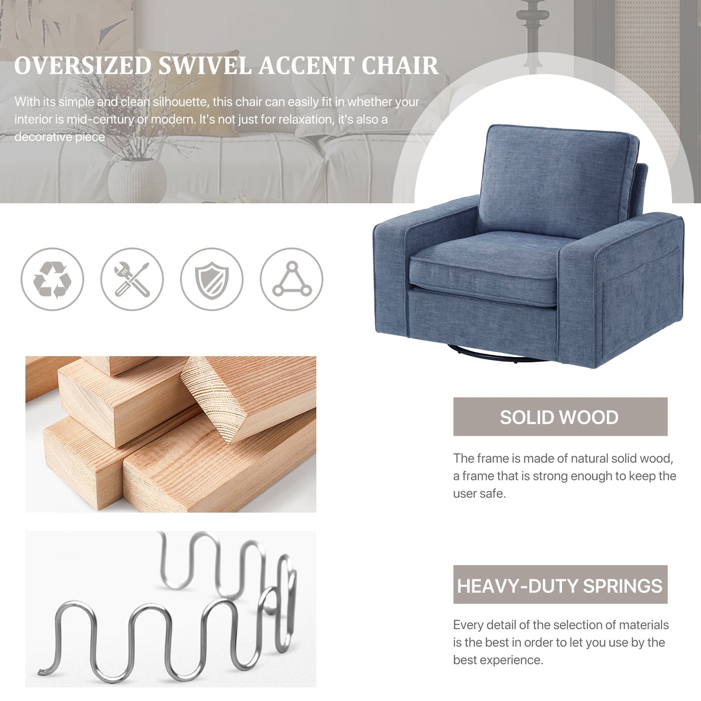 INGALIK Swivel Accent Chair, 40.2in W Oversize Chenille Accent Armchair with Storage Bag, Modern Comfortable Chair for Living Room, Bedroom, Home, Club, Blue