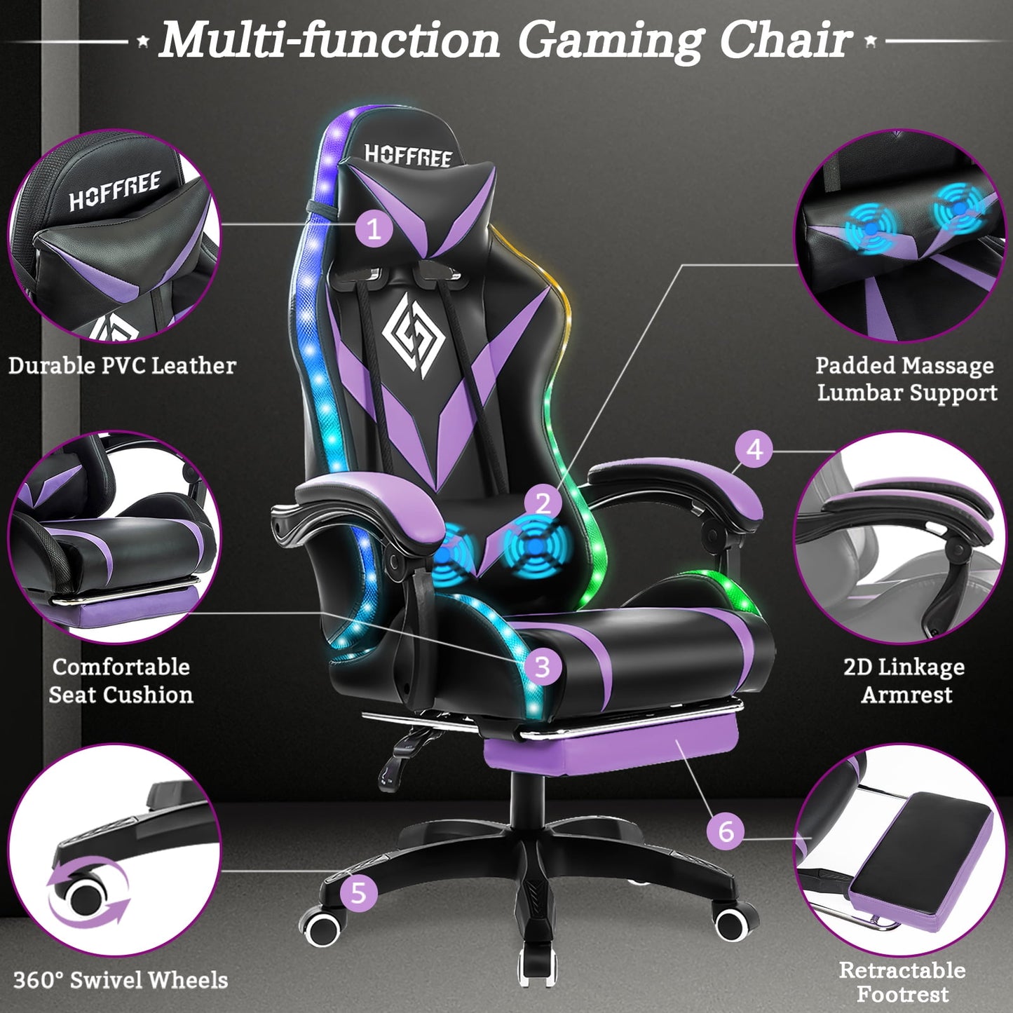 HOFFREE Gaming Chair with Massage and LED RGB Lights Ergonomic Computer Chair with Footrest High Back Video Game Chair with Adjustable Lumbar Support Linkage Armrest for Home Office