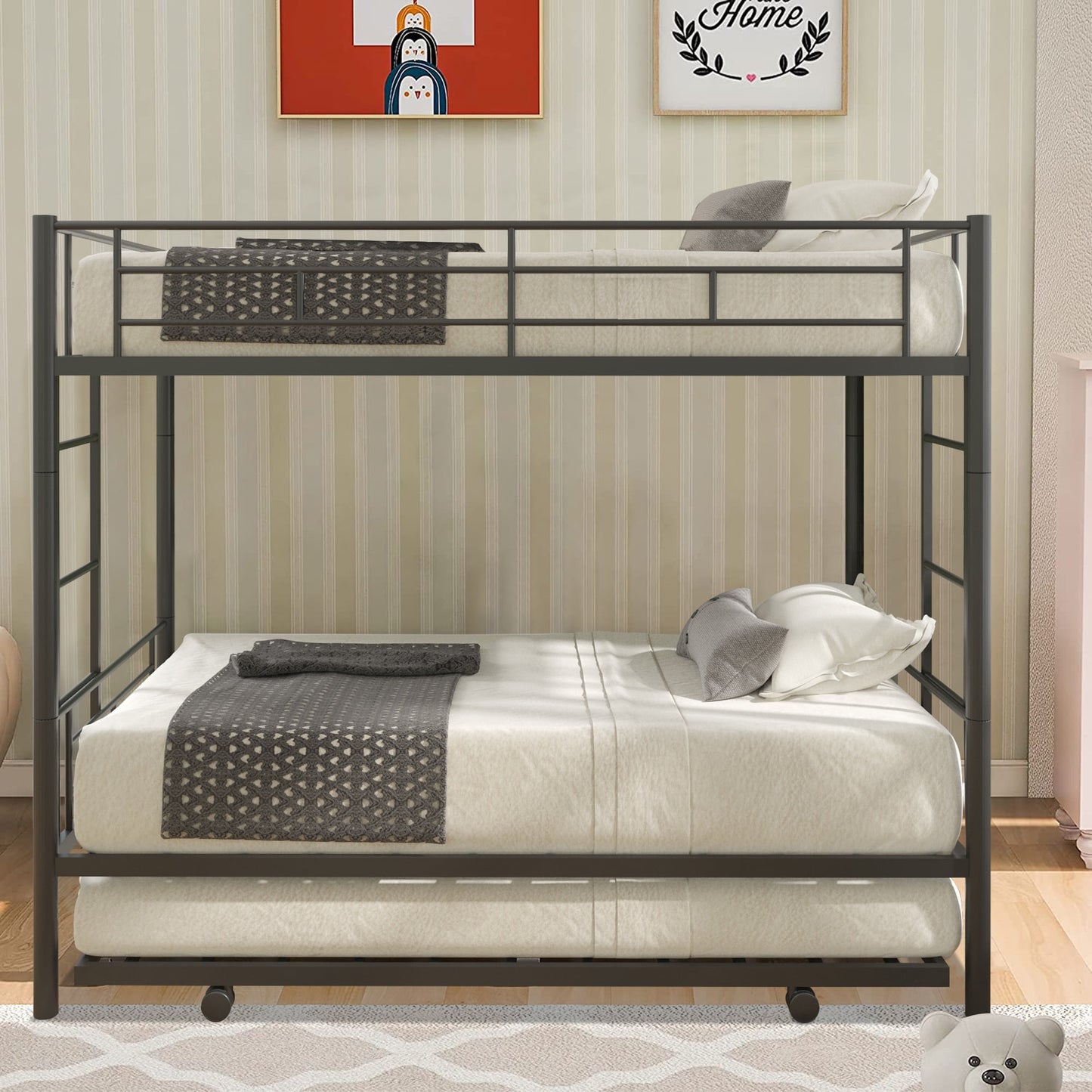 Heavy Duty Bunk Bed Frame, Kids Twin Over Twin Metal Bunk Bed with Flat Ladder & Safety Guardrail, Convertible Trundle Bunk Bed Frame, for Dorm, Bedroom, Guest Room, No Box Spring Needed, Black, D6467