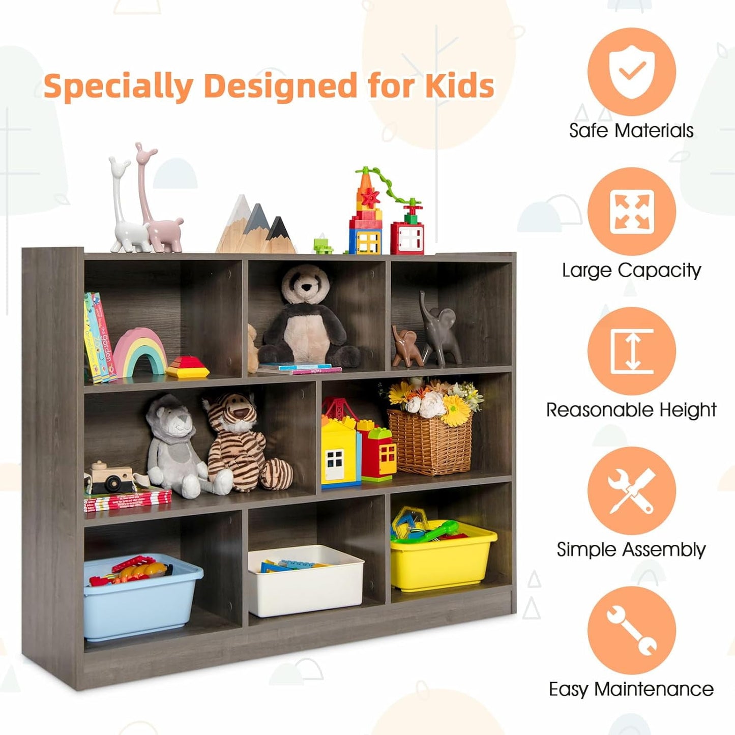 HONEY JOY Kids Storage Organizer, 8-Section Open Wooden Display Shelf for Classroom, Playroom, Nursery, Kindergarten, Dark Gray