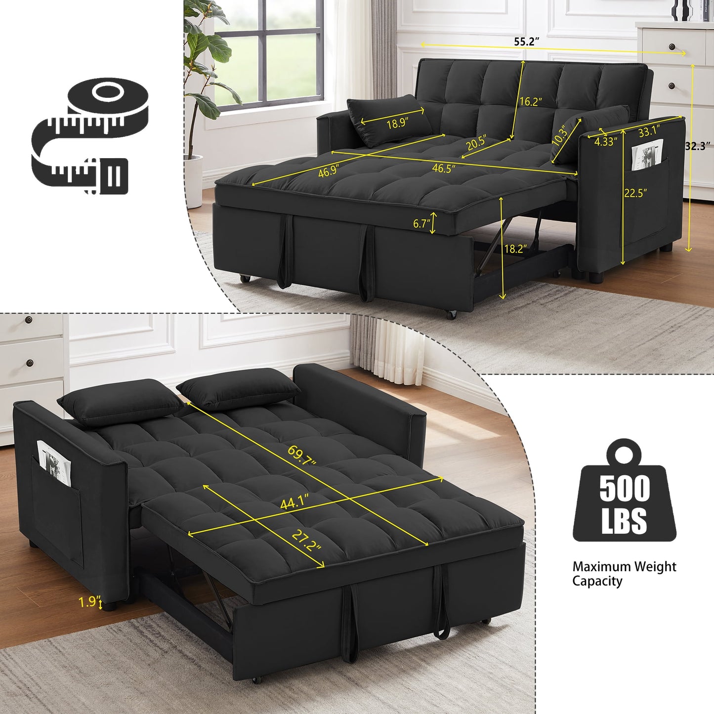 55 Inch Convertible Futon Sofa Bed,Modern Loveseat Sleeper Sofa Couch with Pull-Out Sofa Bed for Living Room,Small Space - Black