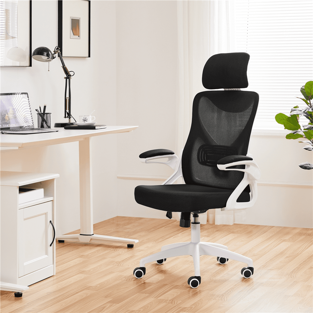 Alden Design High Back Ergonomic Mesh Office Chair with Adjustable Padded Headrest, White/Black