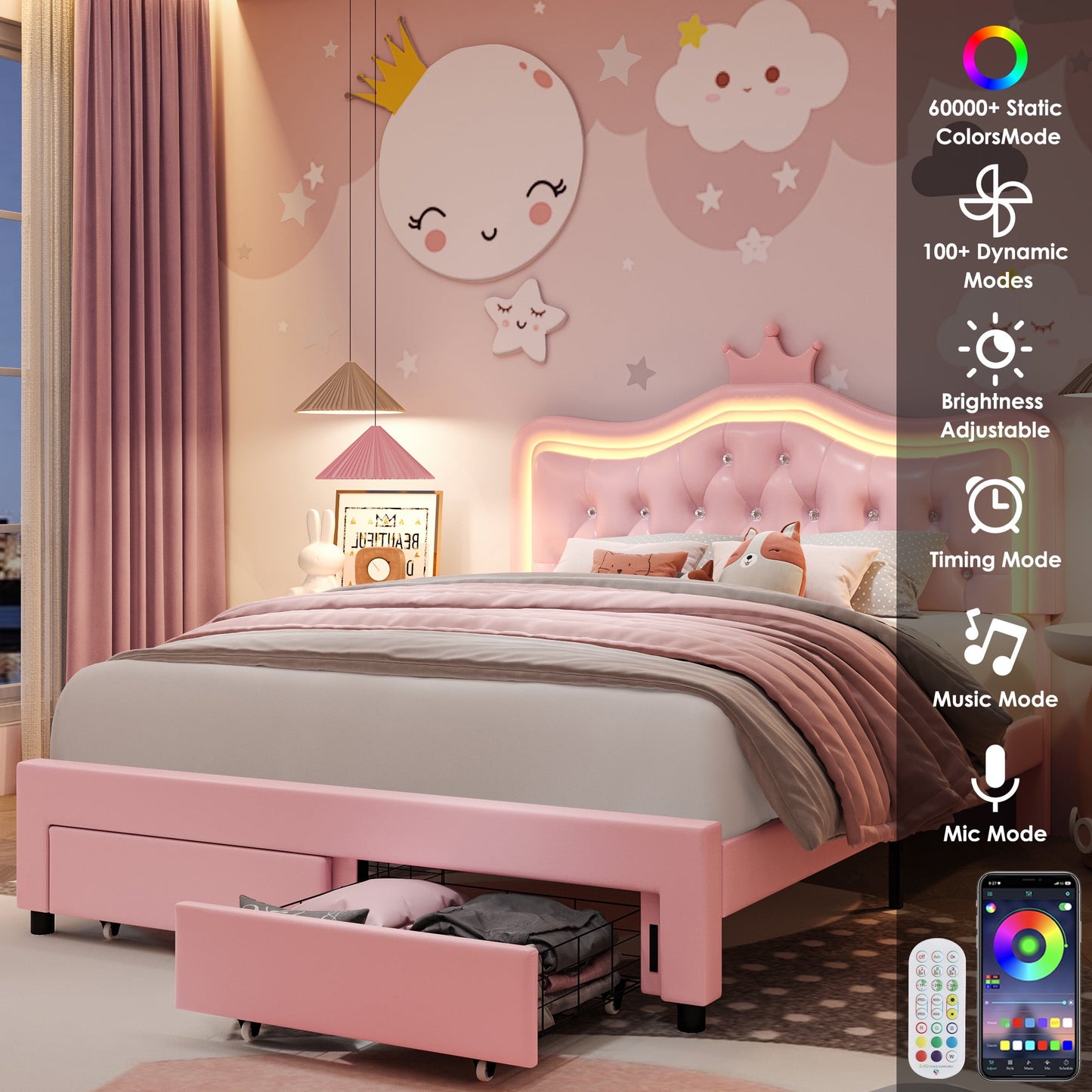 Homfa Queen LED Upholstered Bed with 2 Drawers, PU Leather Platform Bed with Adjustable Crown Headboard, Pink