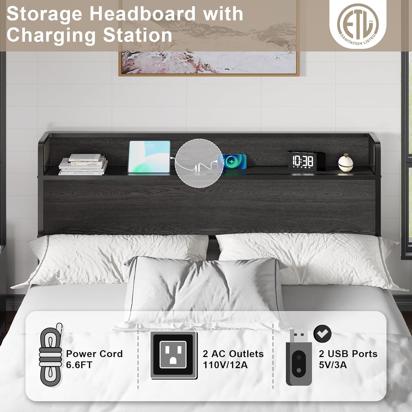 AMERLIFE King Size Lift Up Storage Bed Frame, Wooden Platform Bed Frame with Lifting Storage & Charging Station, No Spring Box Needed/Noise Free, Black