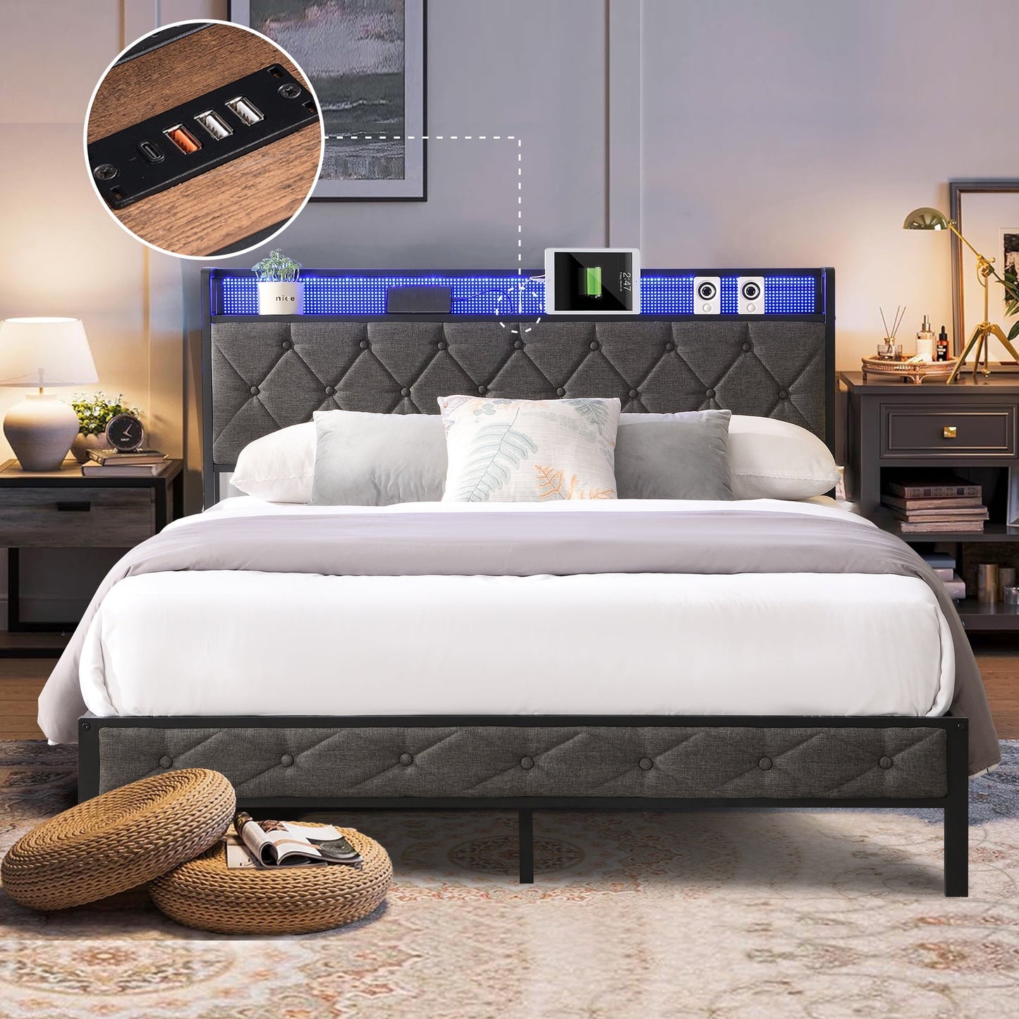HSUNNS Bed Frame Full Size with LED Lights, Metal Platform Full Bed with Storage Upholstered Headboard, Bed Frame Full Size with Charging Station, No Box Spring Needed, Noise Free, Dark Gray