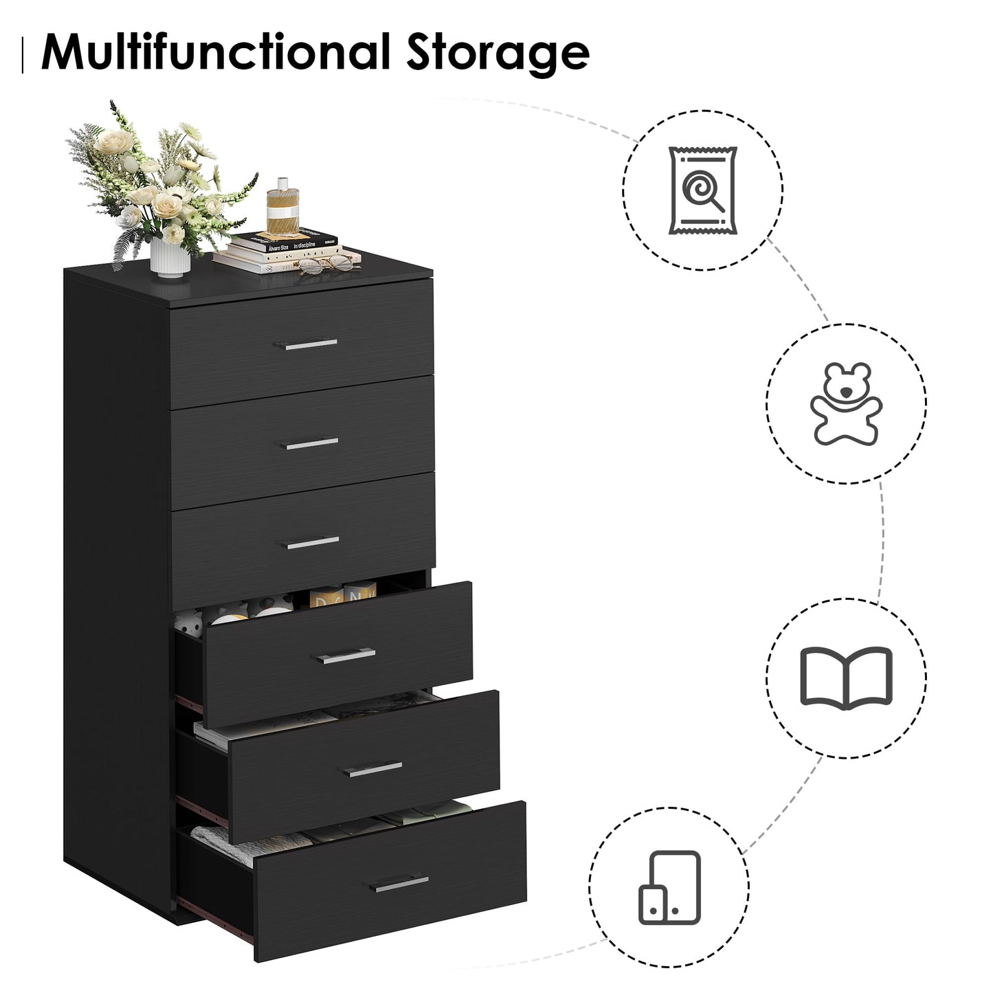 Homfa 6 Drawer Vertical Wood Dresser, Modern Tall Storage Cabinet for Bedroom and Living Room, Black