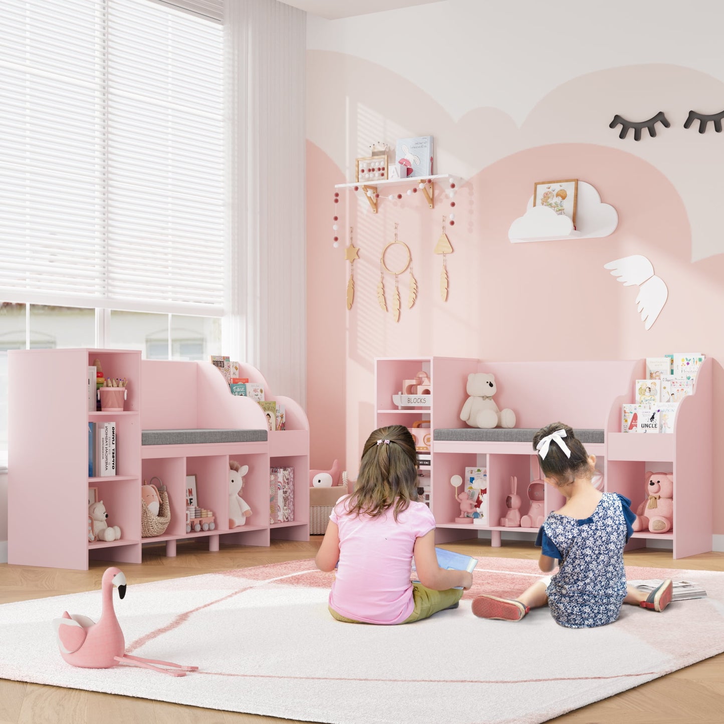 Homfa Kids Bookshelf with Reading & Seat Nook, 7 Cube Wooden Child Toy Organizer with Adjustable Shelf, 31.5in H x 54.5in W, Pink