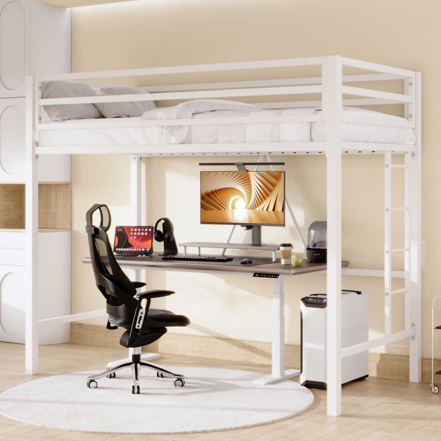 Sifurni White Heavy Duty Twin Size Metal Loft Bed with Full-Length Guardrail & Removable Stairs