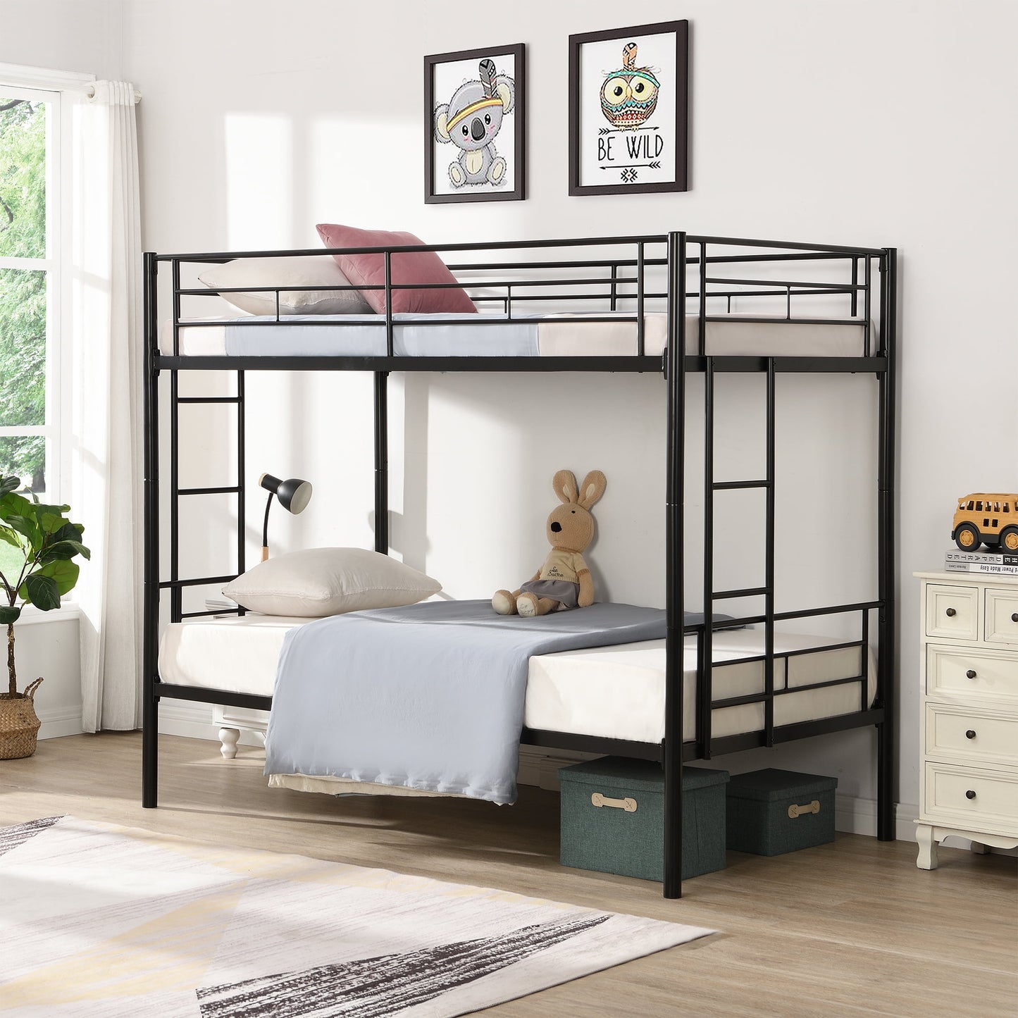 iRerts Metal Twin over Twin Bunk Bed, Convertible Bunk Beds Twin over Twin with 2 Ladders and Full-Length Guardrail, Modern Twin Bunk Beds for Adults Teens Kids Bedroom, No Box Spring Needed, Black