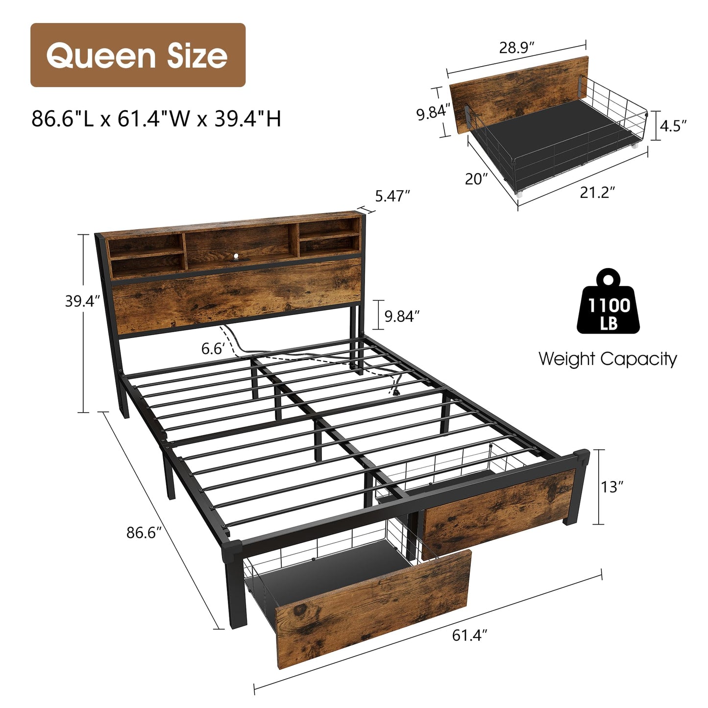 Alohappy Queen Bed Frame with LED Lights, USB Ports, Storage Headboard, Metal Platform, No Box Spring Needed