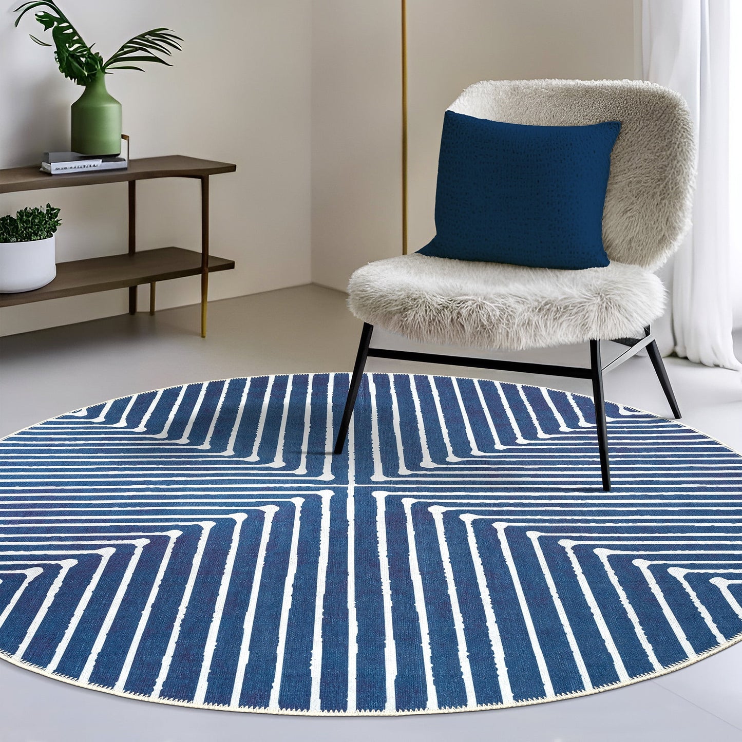 GLN Rugs Assos - Machine Washable Area Rug - 5' Round Turkish Modern Rug Blue