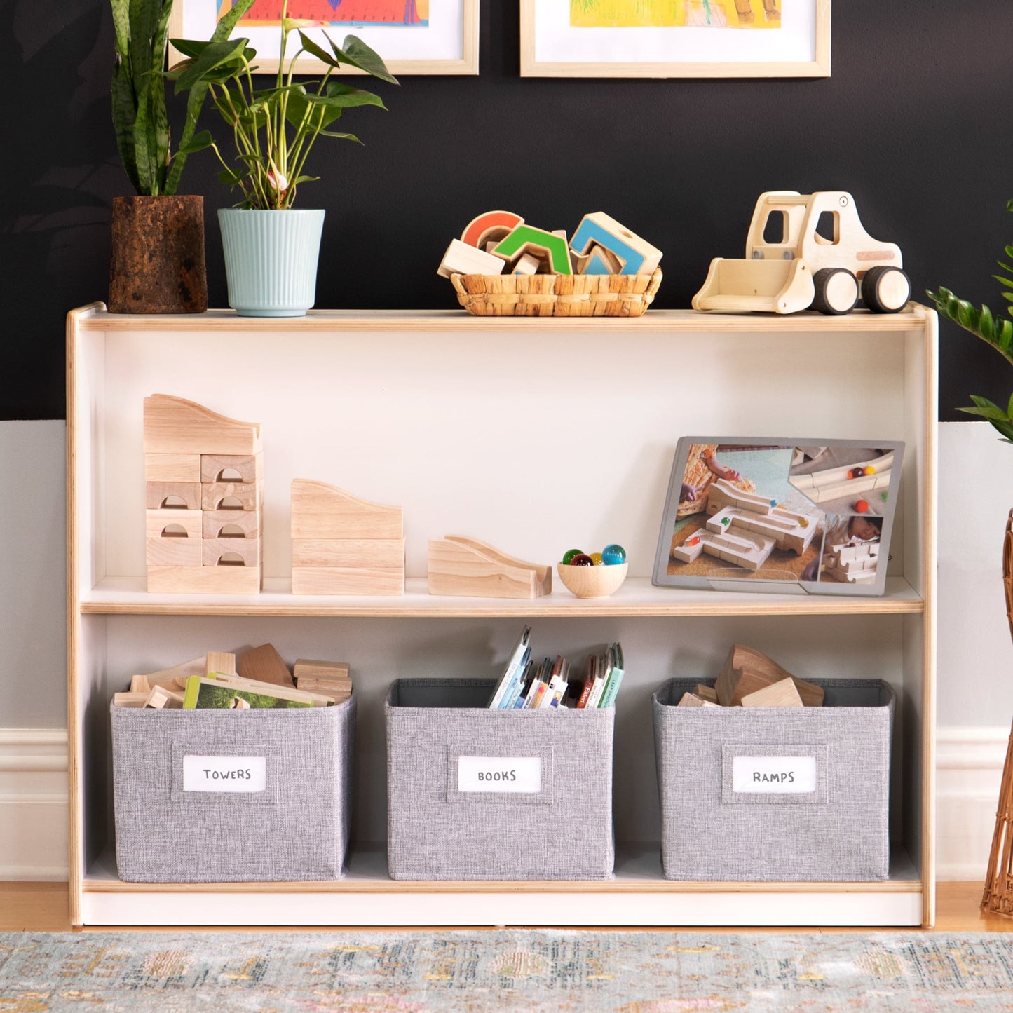 Guidecraft EdQ 2-Shelf Open Storage 30in - White: Kids' Low Wooden Bookshelf, Classroom and Playroom Furniture with Book and Toy Bins