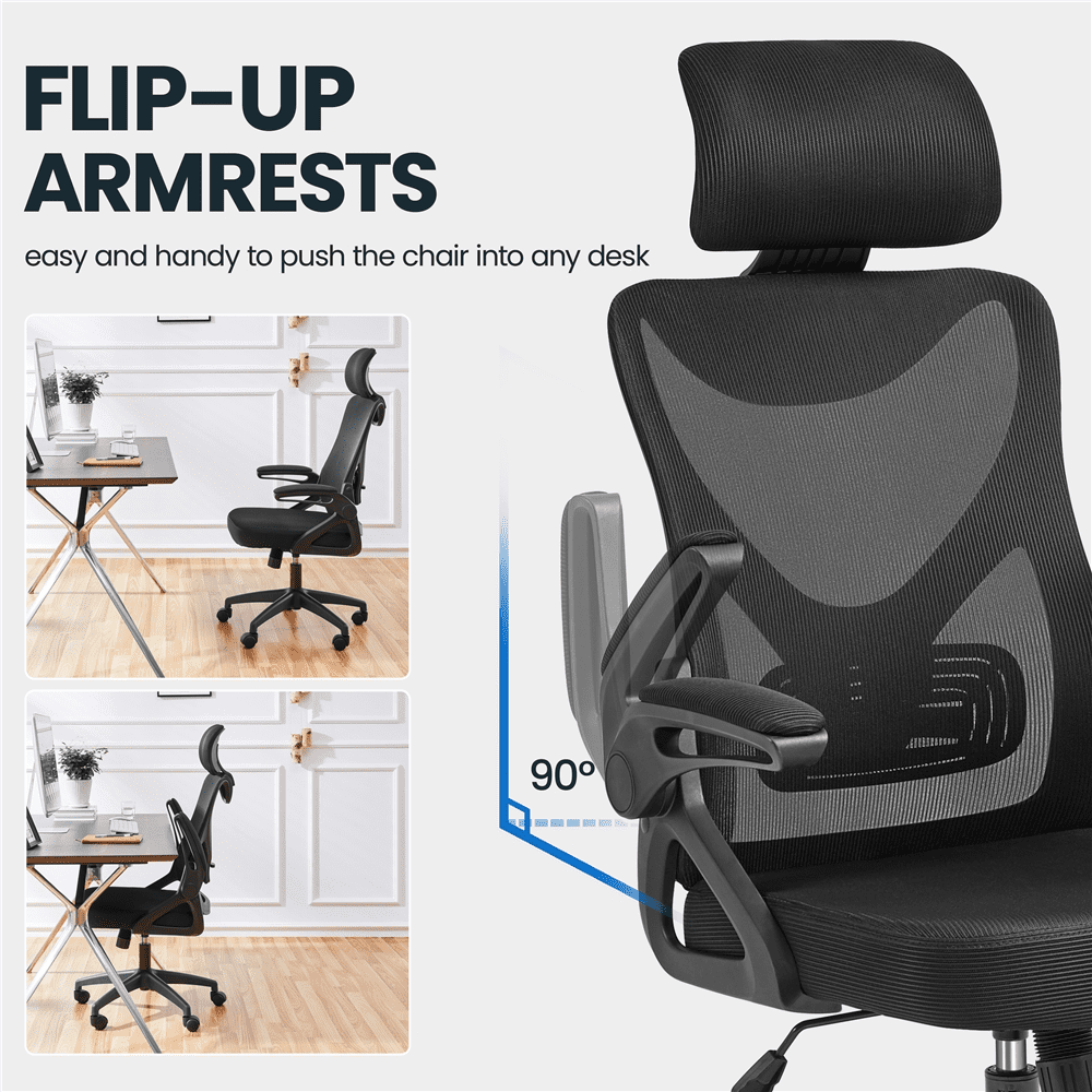 Alden Design High Back Ergonomic Mesh Office Chair with Adjustable Padded Headrest, Black